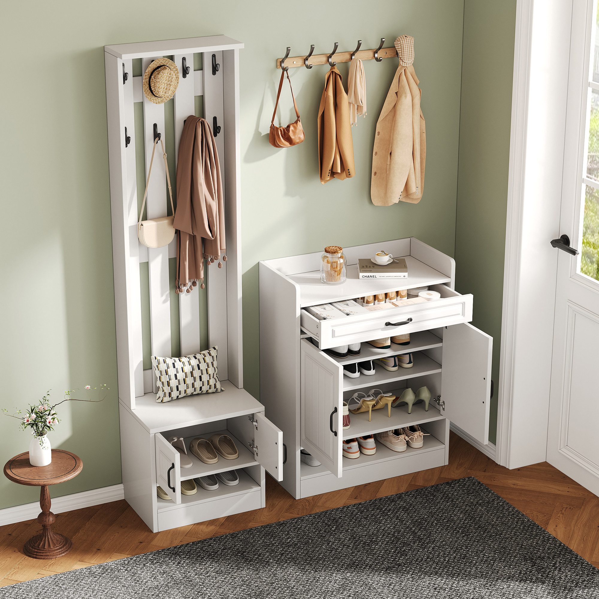 Refined Living Garderoben-Set Garderoben-Set mit Sitzbank, 4 Türen, Schublade & 8 Haken,Schuhschrank, (B125×T36×H190 cm, Flurgarderobe, Schuhschrank mit Sitzbank, 4 Türen, 1 Schublade, 8 Haken, 1-St., viel Stauraum, All-in-One Möbel, modern, Weiß, platzsparend), stabil, mit Kippsicherung, für Flur, Diele, kleine Wohnungen