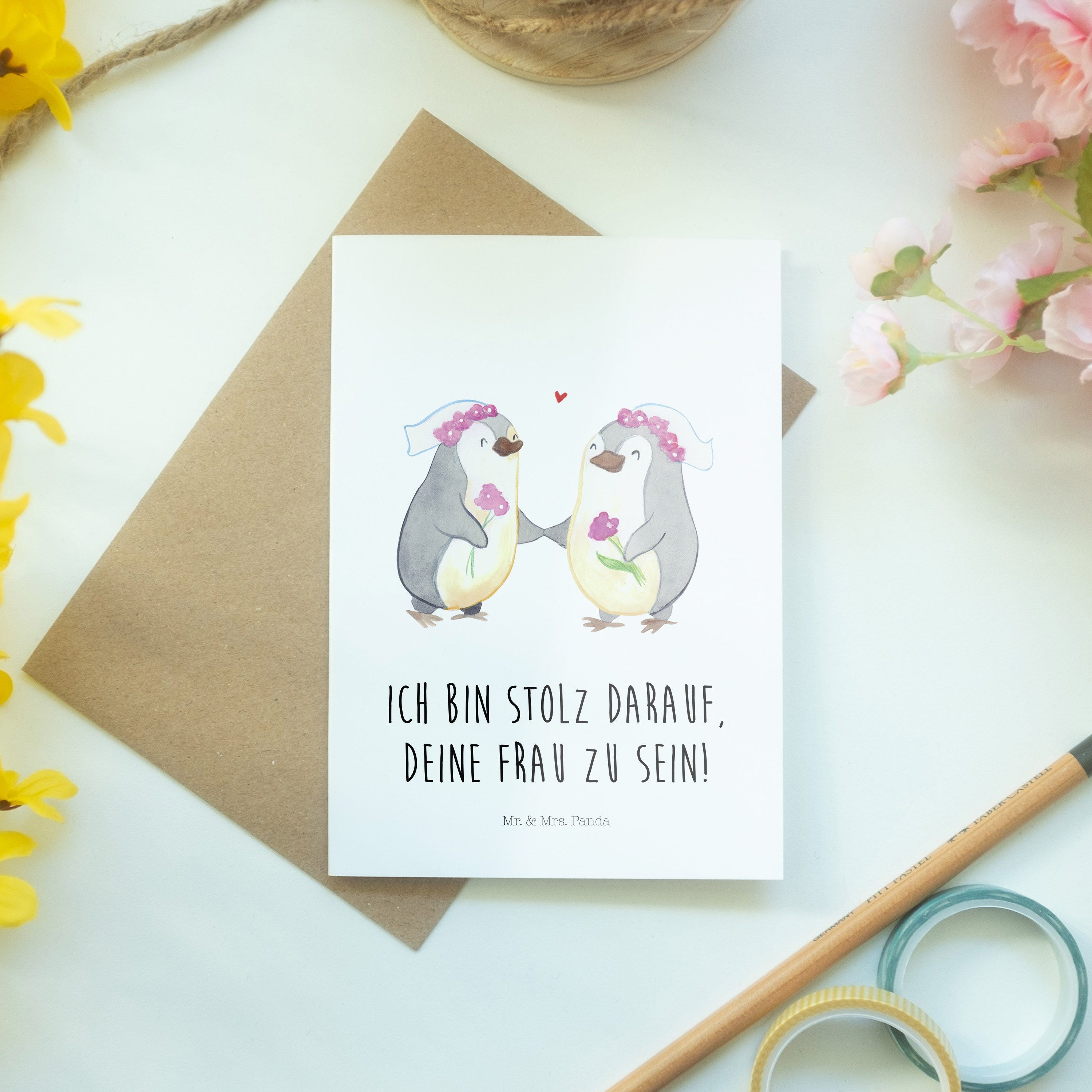 Mr. & Mrs. Grußkarte Geschenk, Verlobungsfeier, Hoc Pride Pinguin Weiß Pärchen - Lesbian Panda 