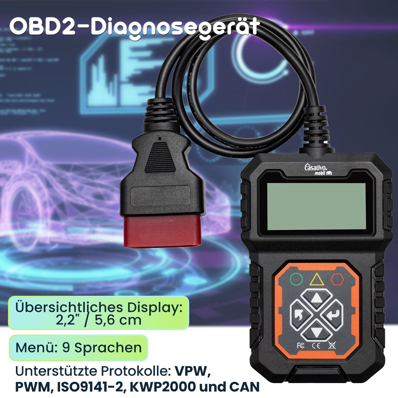 Casativo OBD2-Diagnosegerät "OBD2-Diagnosegerät für Auto-Fehlersuche Auto-Scanner KFZ-Universal, Echtzeit-Motordatenanzeige/Fehlerspeicherung/für Benzin- & Diesel