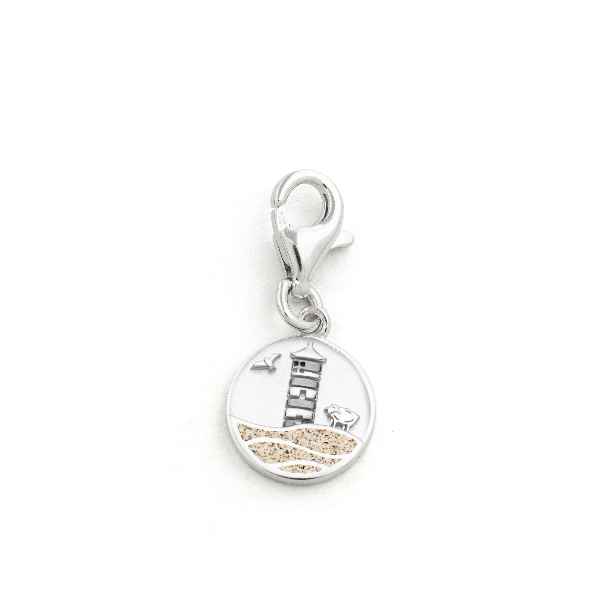 DUR Charm-Einhänger F417 „Pilsumer Leuchtturm“, 10 mm – Anhänger aus 925er Silber, mit Strandsand & Karabinerverschluss