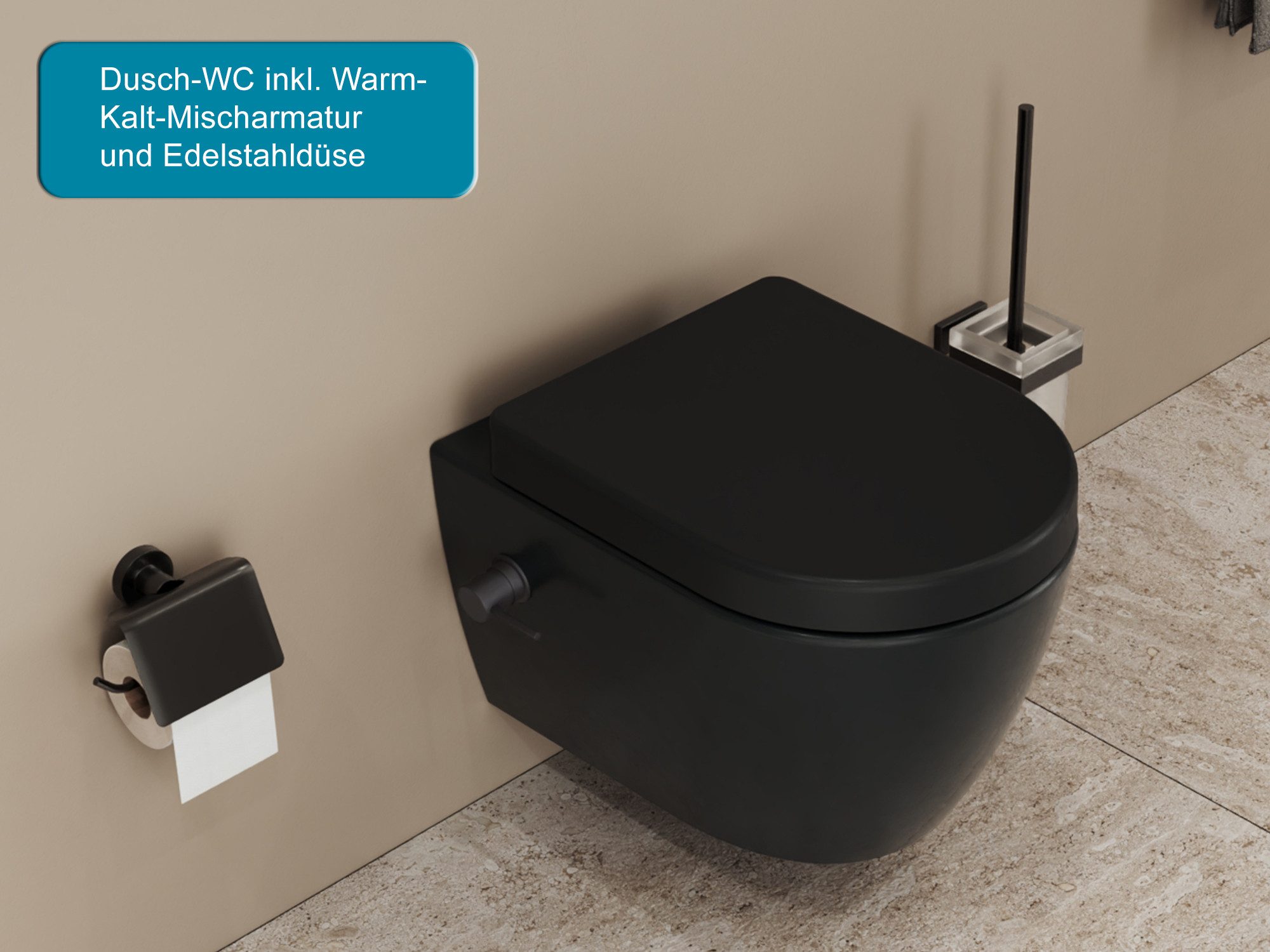 Aqua Bagno Dusch-WC Taharat schwarz matt inkl. Warm-Kalt-Mischer spülrandlos, wandhängend, Abgang waagerecht