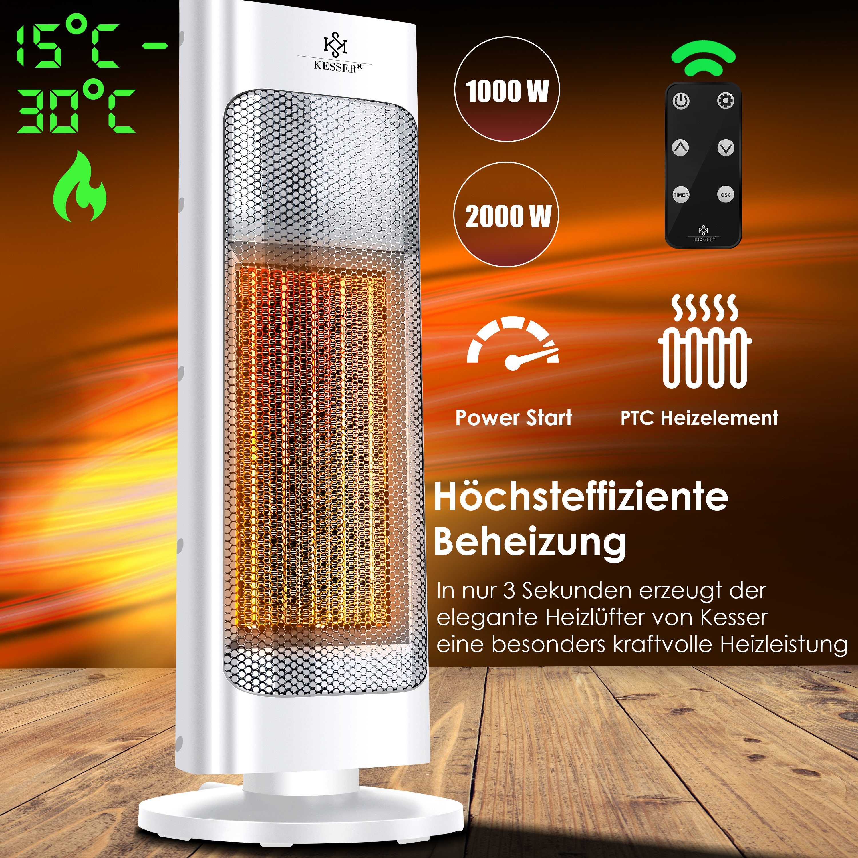 KESSER Heizlüfter, Heizlüfter mit Fernbedienung energiesparend leise 2000W