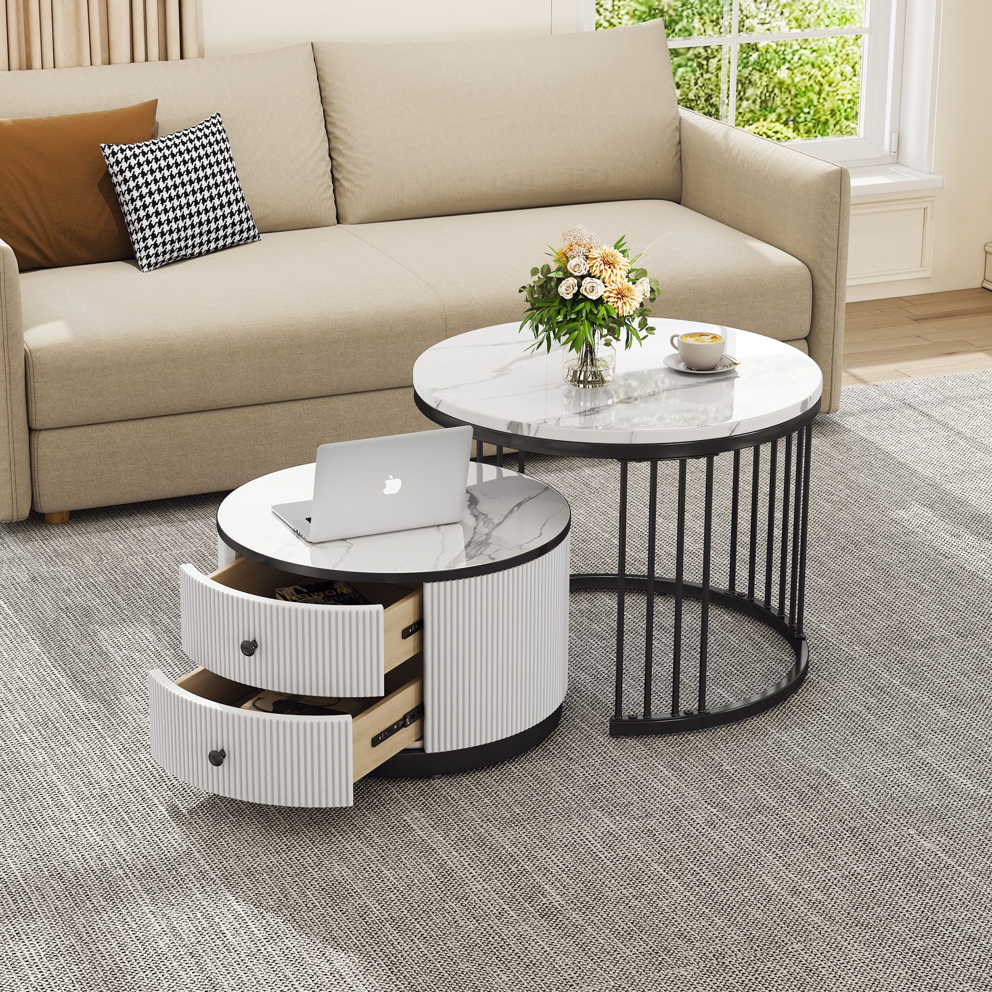 MODFU Couchtisch Couchtisch-Set in Nestform (Sofatisch, Wohnzimmertisch, 2-St., 60*60*45.5+50*50*32 cm), mit 2 Schubladen, hochglänzender Marmoroptik