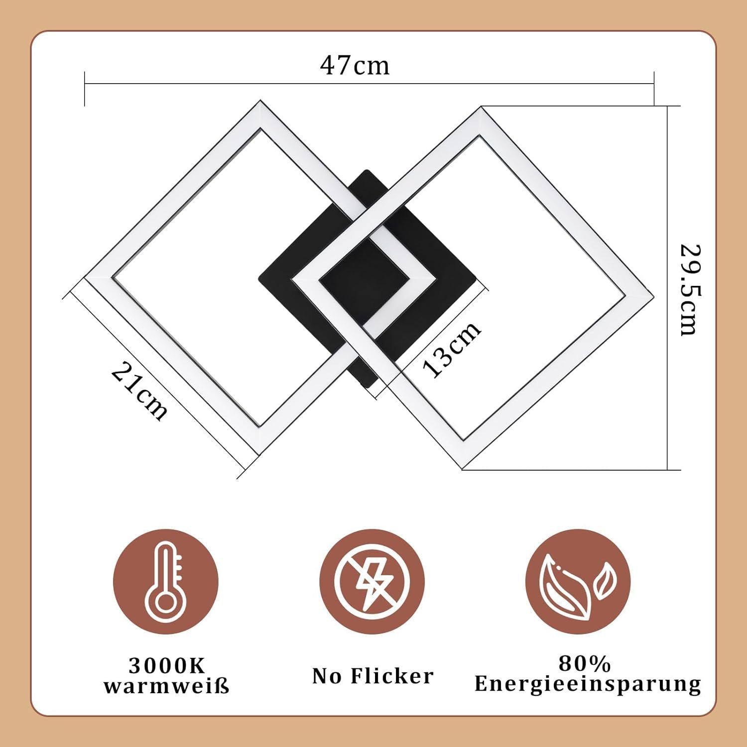 ZMH LED Deckenleuchte Modern 24W für Wohnzimmer Esszimmer Deckenlampe für Küche und Flur, LED fest integriert, Warmweiß, Doppelrahmen, 2 Leuchtelemente, ein Ele – Bild 3 von 5