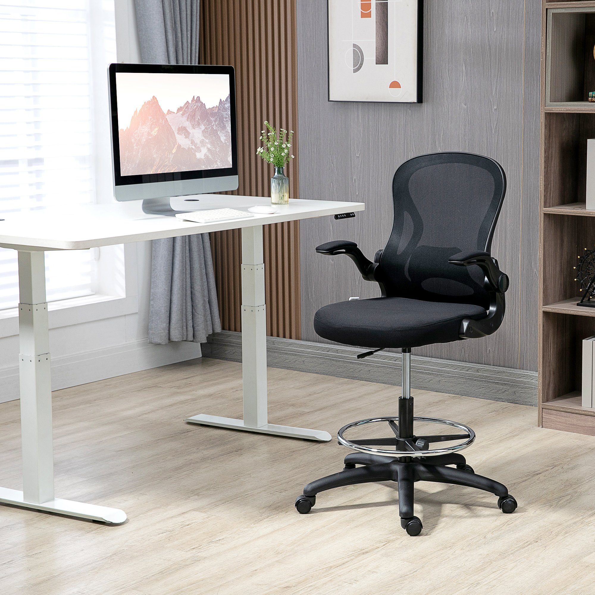 Vinsetto Schreibtischstuhl Bürostuhl, Ergonomischer Zeichenstuhl mit verstellbarem Fußring (Höhenverstellbarer Arbeitsstuhl mit Rollen und Lendenwirbelstütze, 1 St), Schwarz
