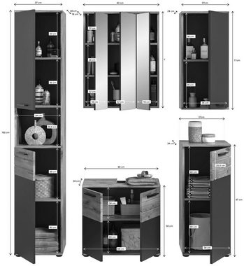 xonox.home Badmöbel-Set Badezimmer Badmöbel-Set MASON 5-tlg., in Nox Eiche und Basalt grau, (Komplett-Set, 5-St., Waschtisch, Hochschrank, Hängeschrank, Spiegelschrank, Badstandschrank)