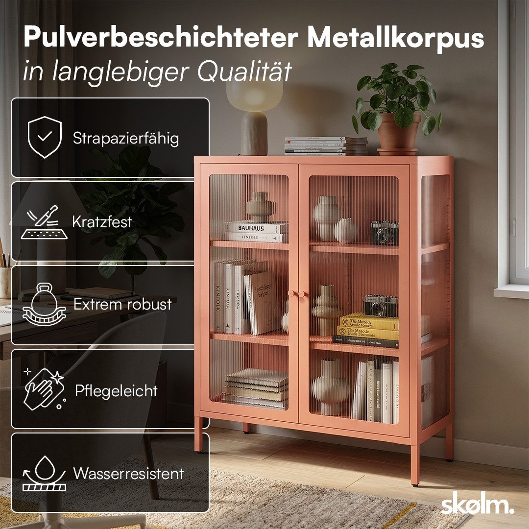 skølm Highboard Norns Vitrinenschrank mit Glastüren (terrakotta, bis 80 kg belastbar, kratzfest), Metallkommode mit verstellbaren Fächern, Sideboard 100x38x80 cm