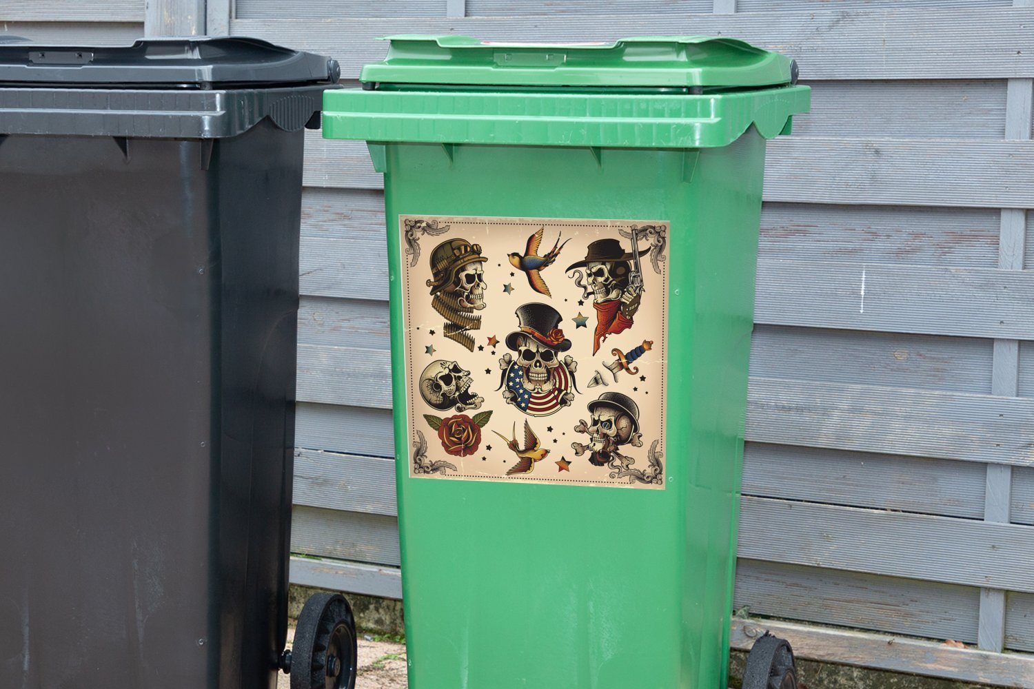 MuchoWow Wandsticker Eine Illustration der Totenkopf-Tätowierungen Abfalbehälter klassischen Container, Mülleimer-aufkleber, St), (1 Sticker, Mülltonne