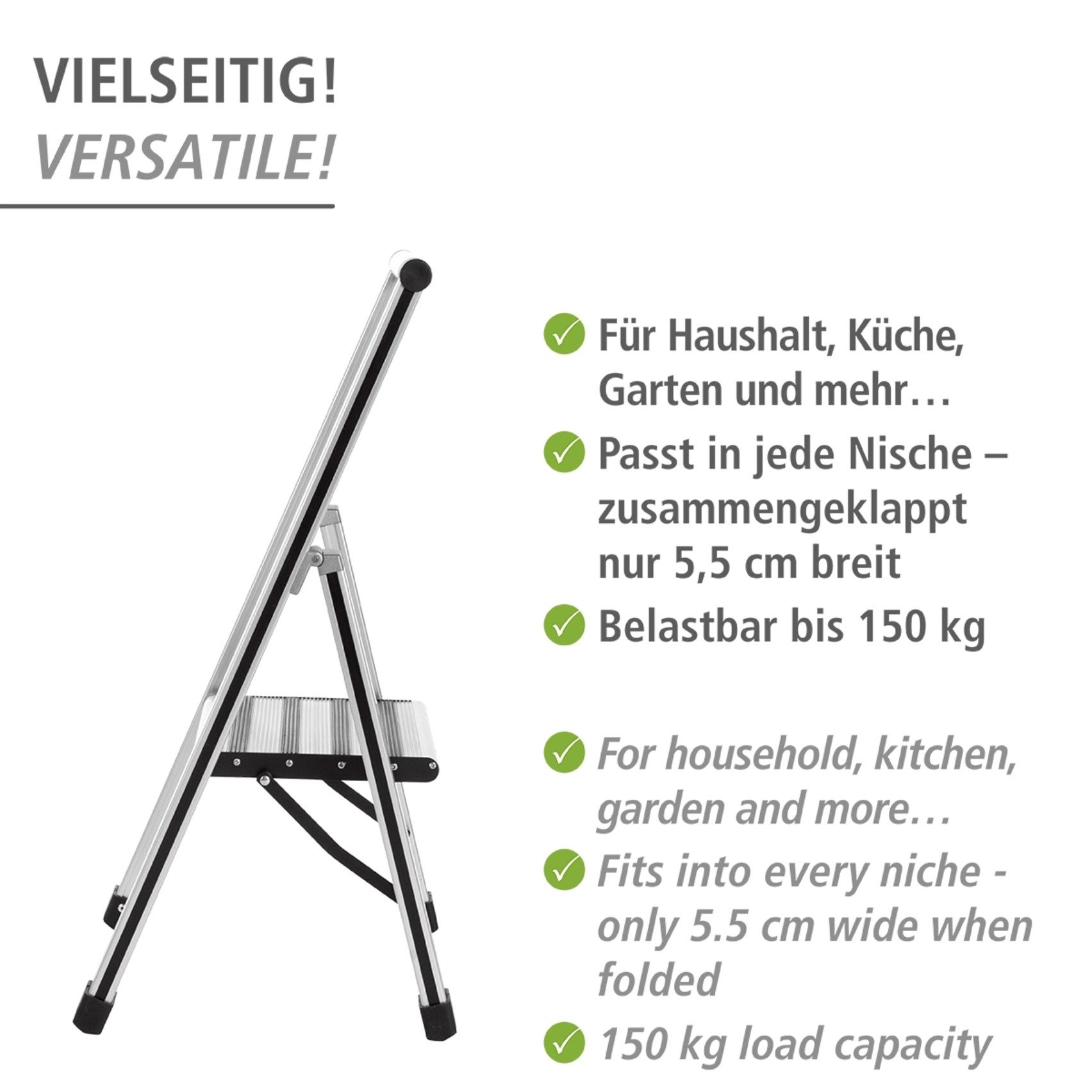 WENKO Trittleiter Modell Alu-Design, Klapptritt Leiter, rutschsichere XXL-Stufen, klappbar, bis 150 kg