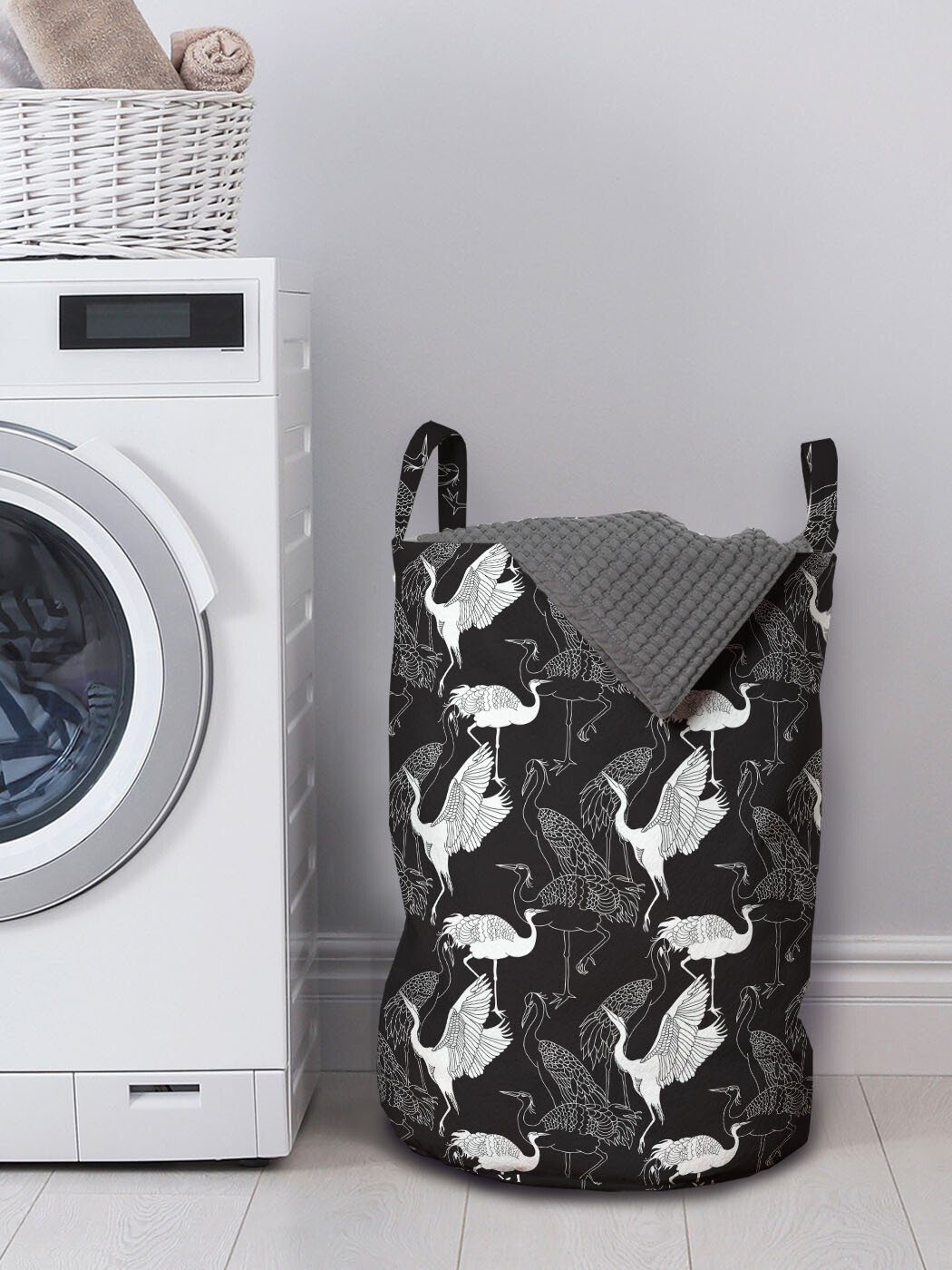 Wäschekorb mit Vogel-Muster Abakuhaus Kordelzugverschluss Kran Waschsalons, für Griffen Wäschesäckchen