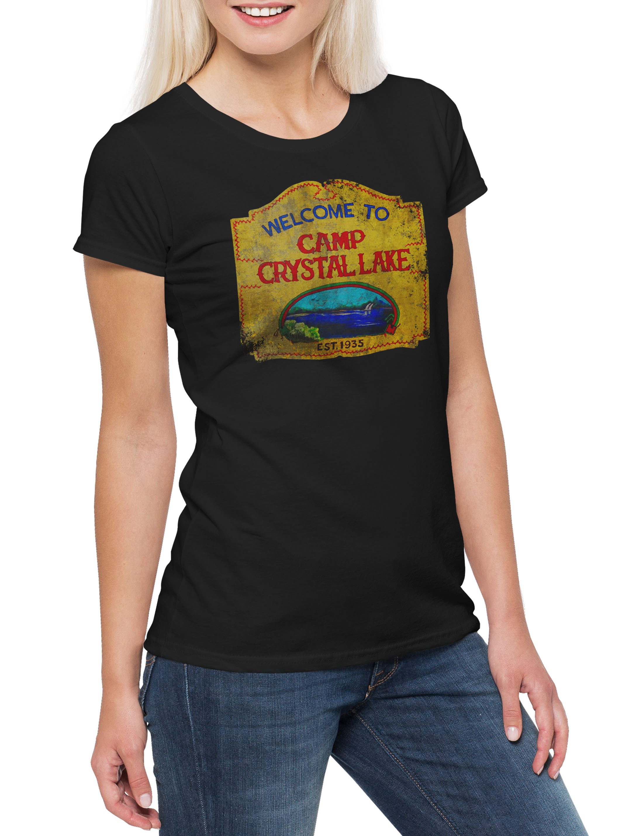 Print-Shirt Camp Crystal Lake Vintage Sign Damen T-Shirt Freitag Der Friday 13th