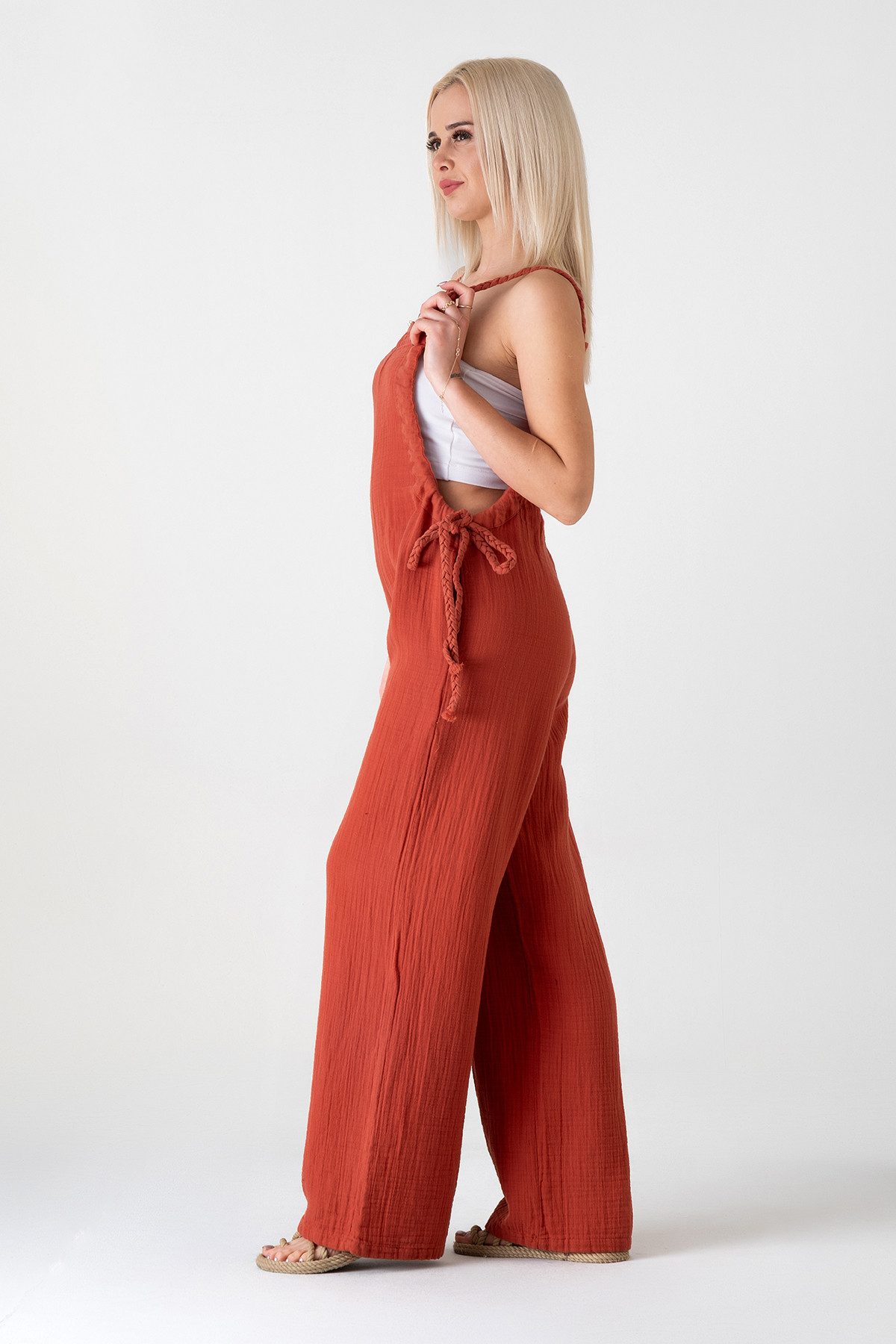 WENOR Overall Damen Jumpsuit Musselin mit Flechtträgern – locker & größenverstellbar