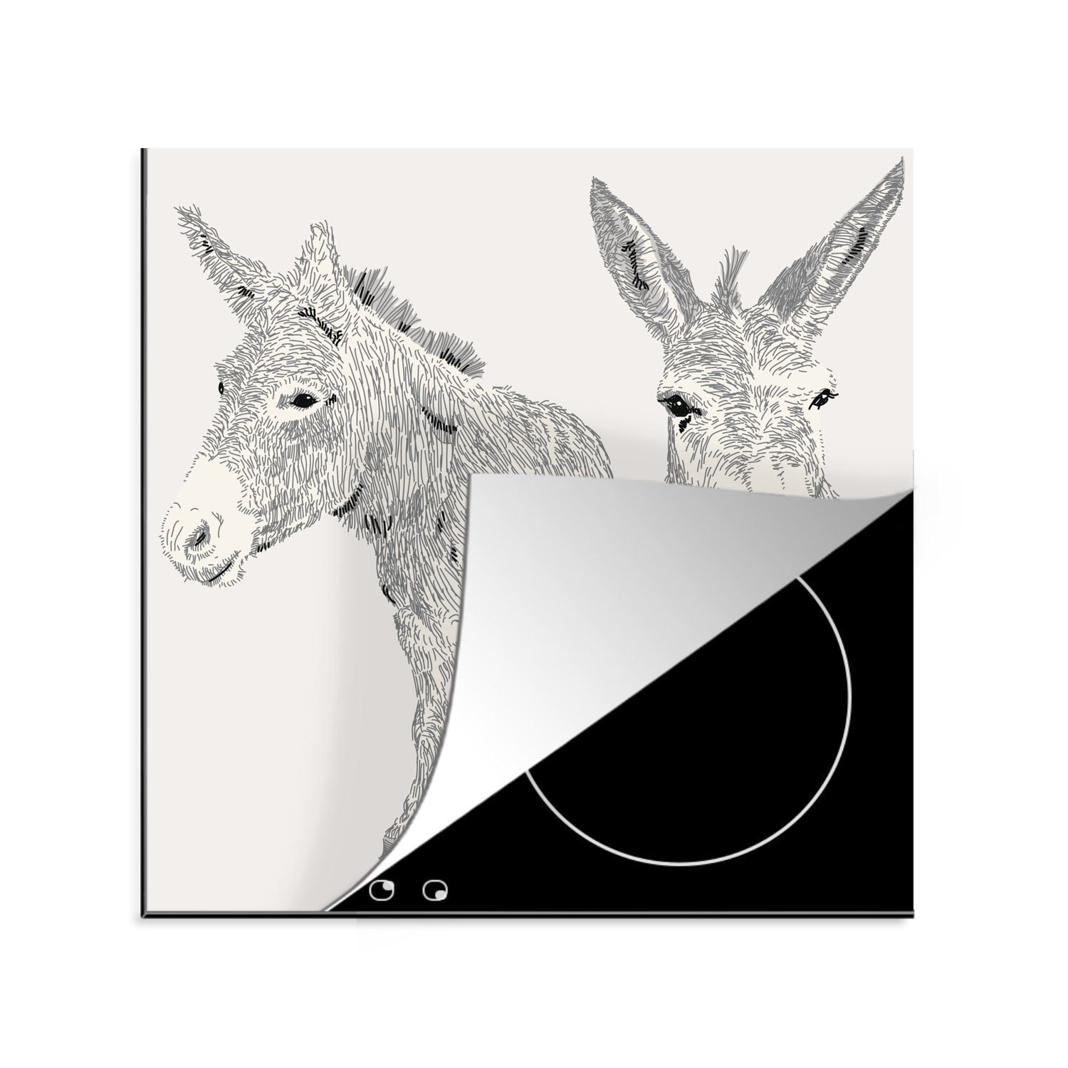 MuchoWow Herdblende-/Abdeckplatte Eine Illustration von zwei Eseln, Vinyl, (1 tlg), 78x78 cm, Ceranfeldabdeckung, Arbeitsplatte für küche