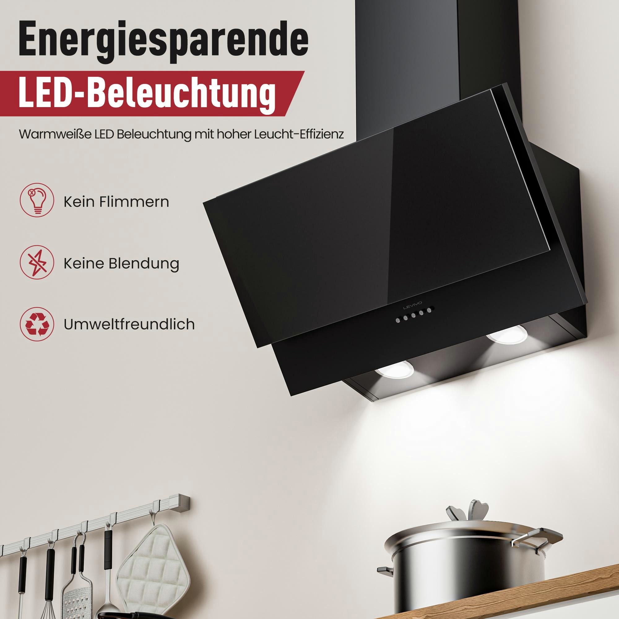 Levivo Kopffreihaube A+++ Dunstabzugshaube 60cm Umluft & Abluft mit 400 m³/h Luftleistung A+++ Dunstabzugshaube 60cm Umluft & Abluft mit 400 m³/h Luftleistung, Aktivkohlefiltern, Fettfiltern, LED-Beleuchtung