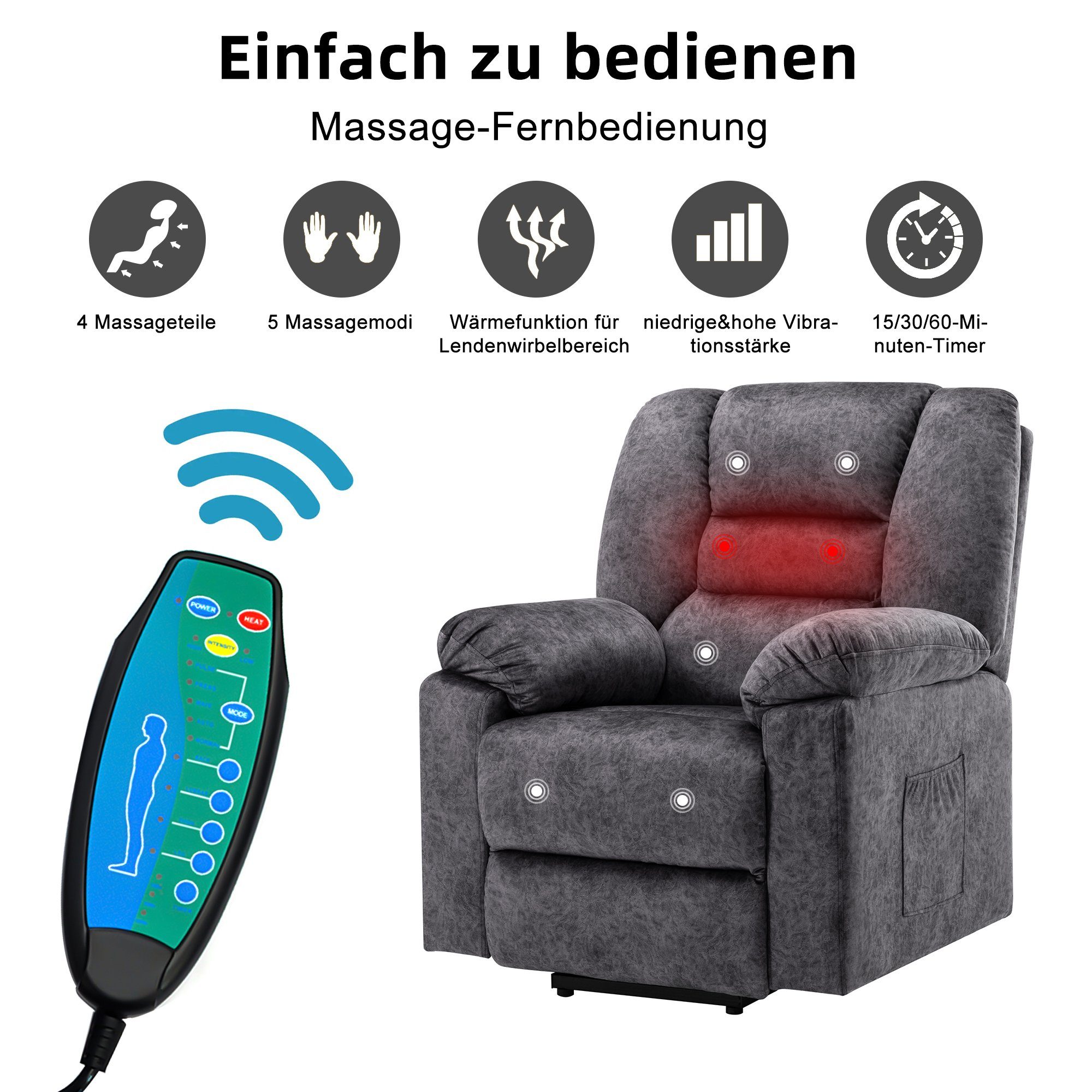 TV-Sessel (Fernsehsessel mit Aufstehhilfe, Schlafsessel, Relaxsessel, Massagesessel, Liegefunktion, Wärmefunktion und Vibrationsmassage), bis zu 150 kg belastbar, Stoff, Braun / Grau