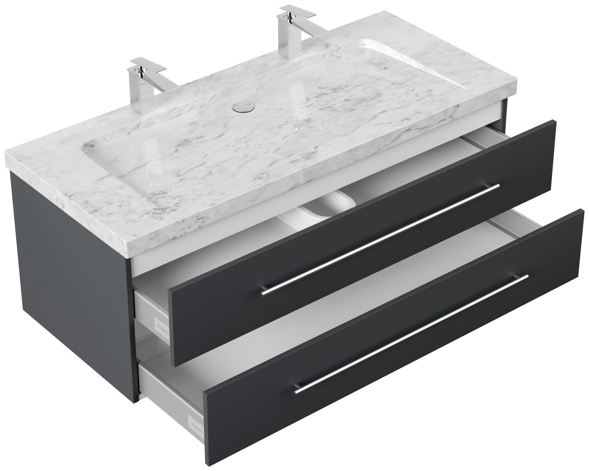Posseik Badmöbel-Set Badmöbel Waschplatz Marmor Carrara White "YAMO130" 2Hahnlöcher grafit
