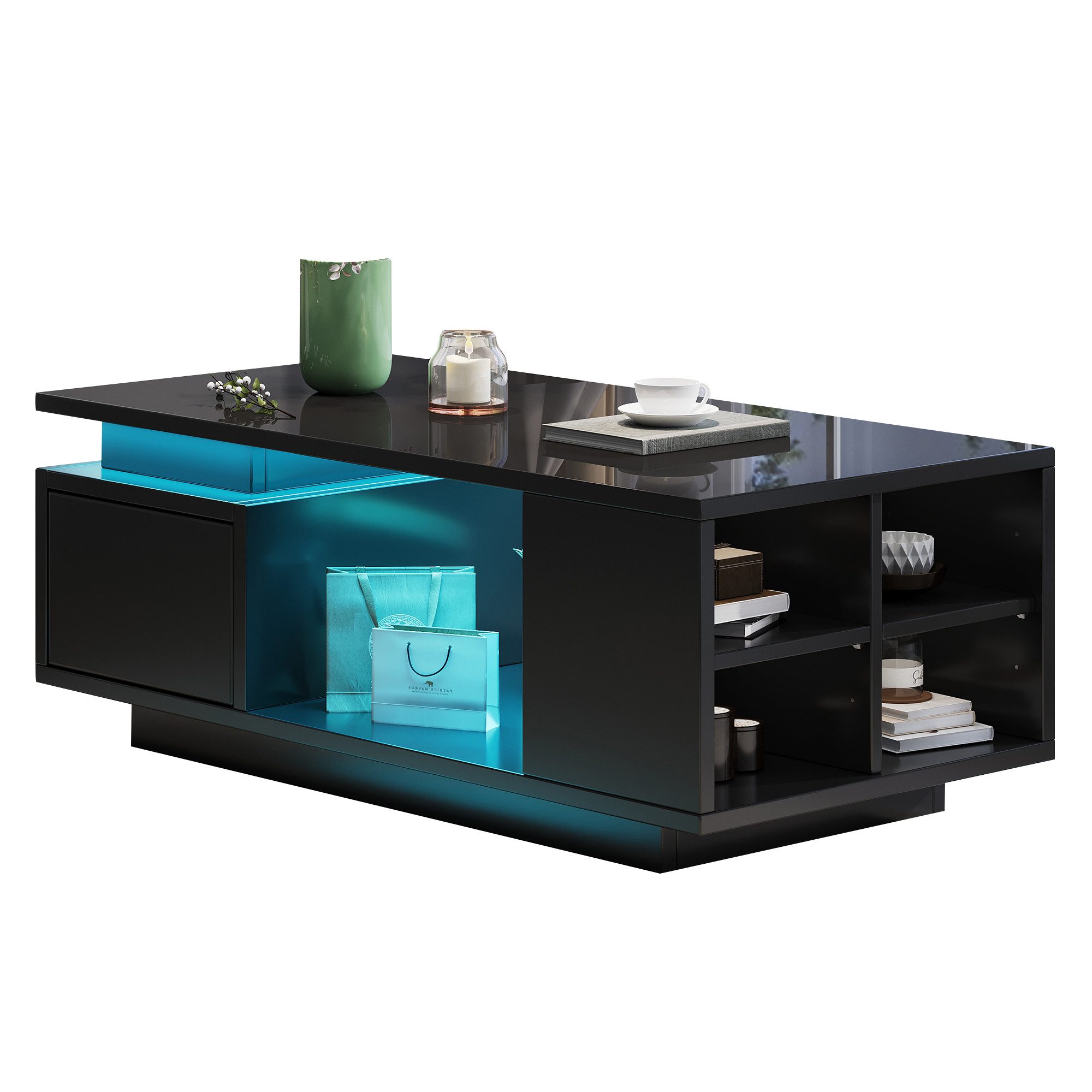 Merax Couchtisch hochglanz Sofatisch Beistelltisch mit LED-Beleuchtung (1-St), Wohnzimmertisch mit Schublade & seitlichem Stauraum, 100x50x36cm