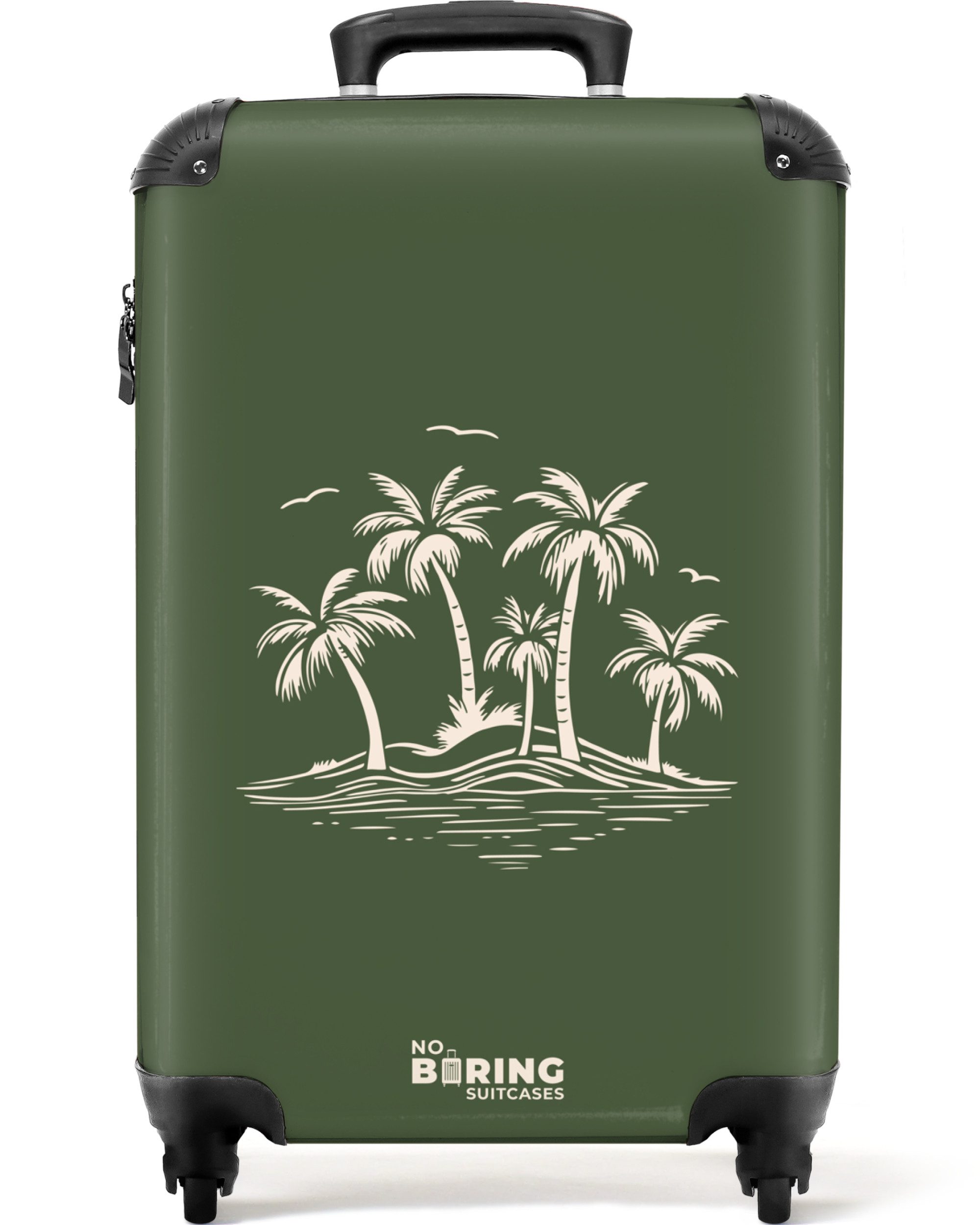 NoBoringSuitcases.com© Hartschalen-Trolley Grün mit beigen Palmen günstig online kaufen