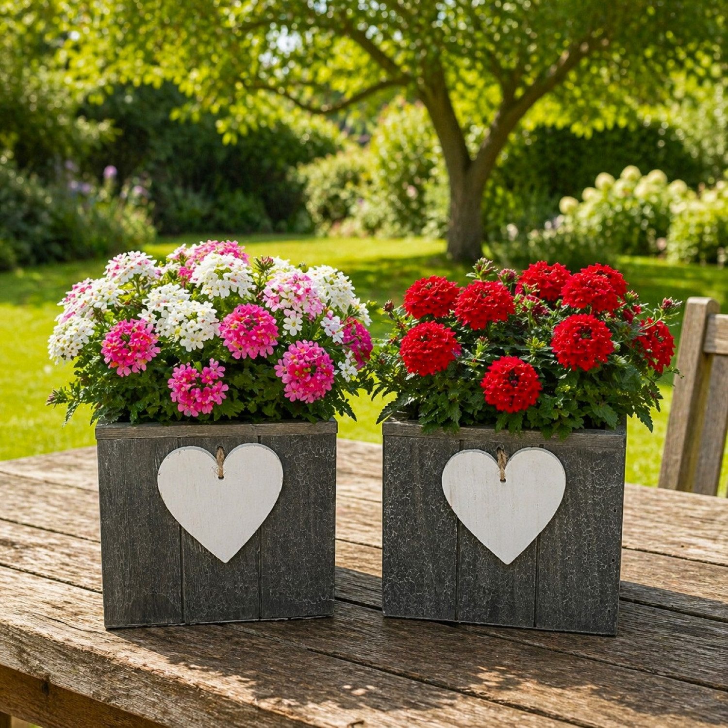 Online-Fuchs Blumentopf für draußen geeignet - 2er Set Blumenkasten aus Holz mit Herz (Weiß oder Grau, 15 x 15 cm groß), Dekoration für Wohnzimmer, Garten, Balkon oder Terrrasse