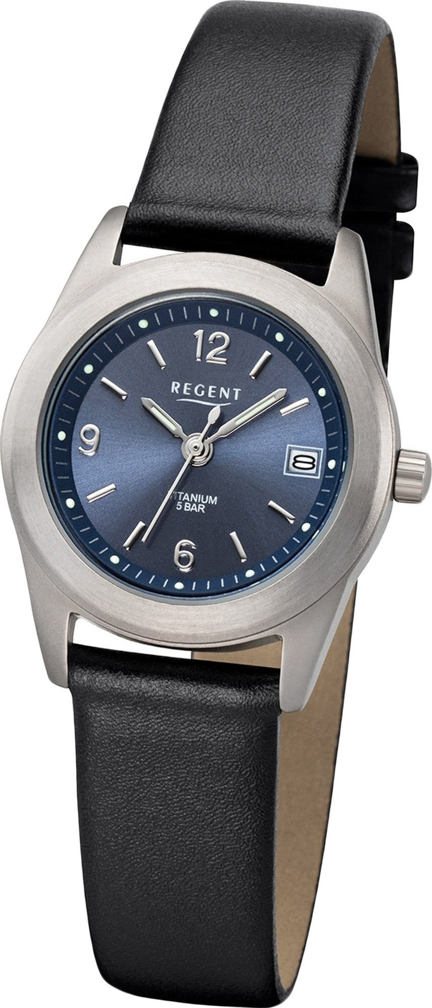 Regent Quarzuhr Regent Leder Damen Uhr F-1214 Analog, Damenuhr Lederarmband schwarz, rundes Gehäuse, klein (ca. 27mm)