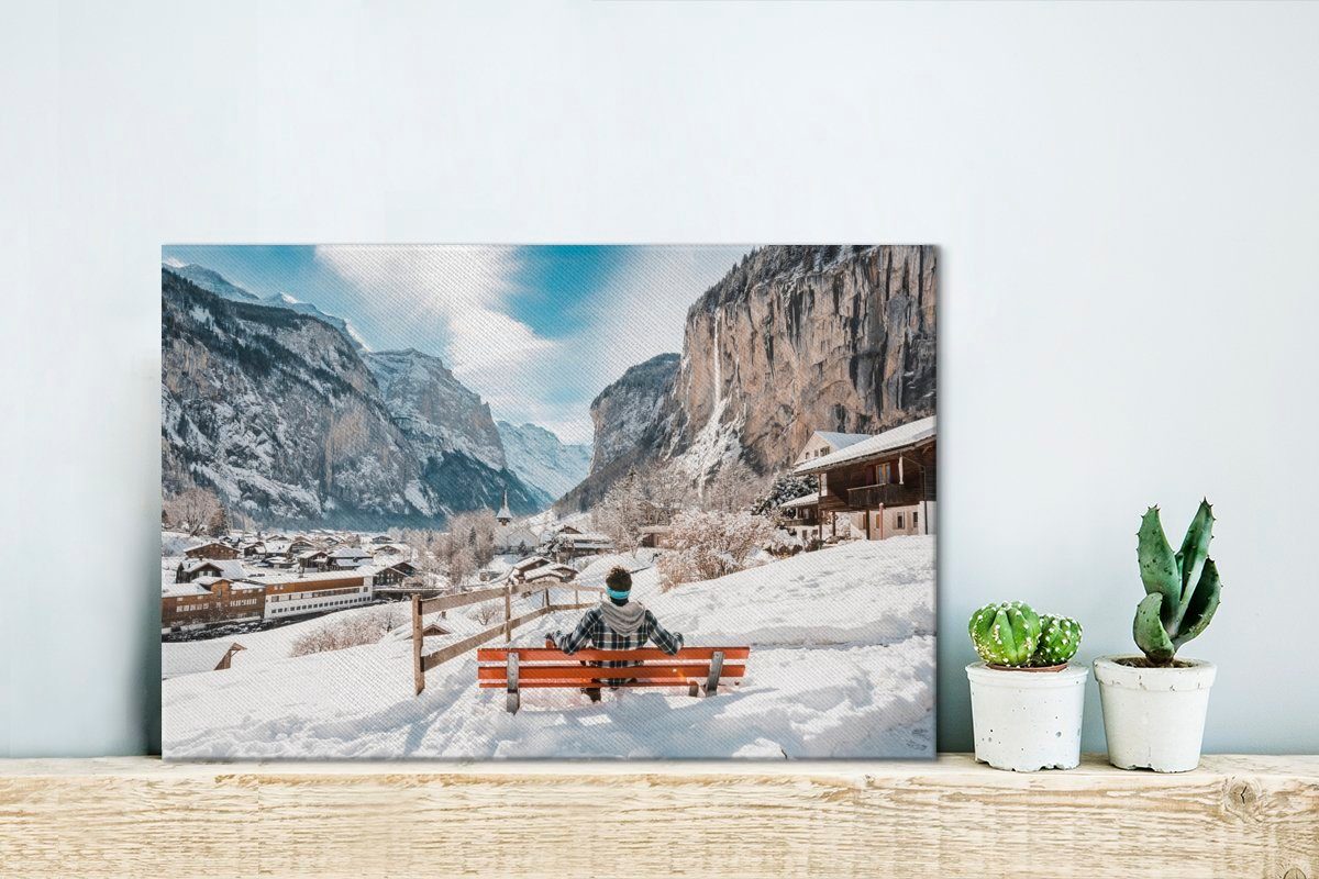 St), Bank Leinwandbild Wanddeko, (1 Leinwandbilder, der OneMillionCanvasses® cm Wandbild Schweiz, auf in im Winter einer 30x20 Mann Aufhängefertig,