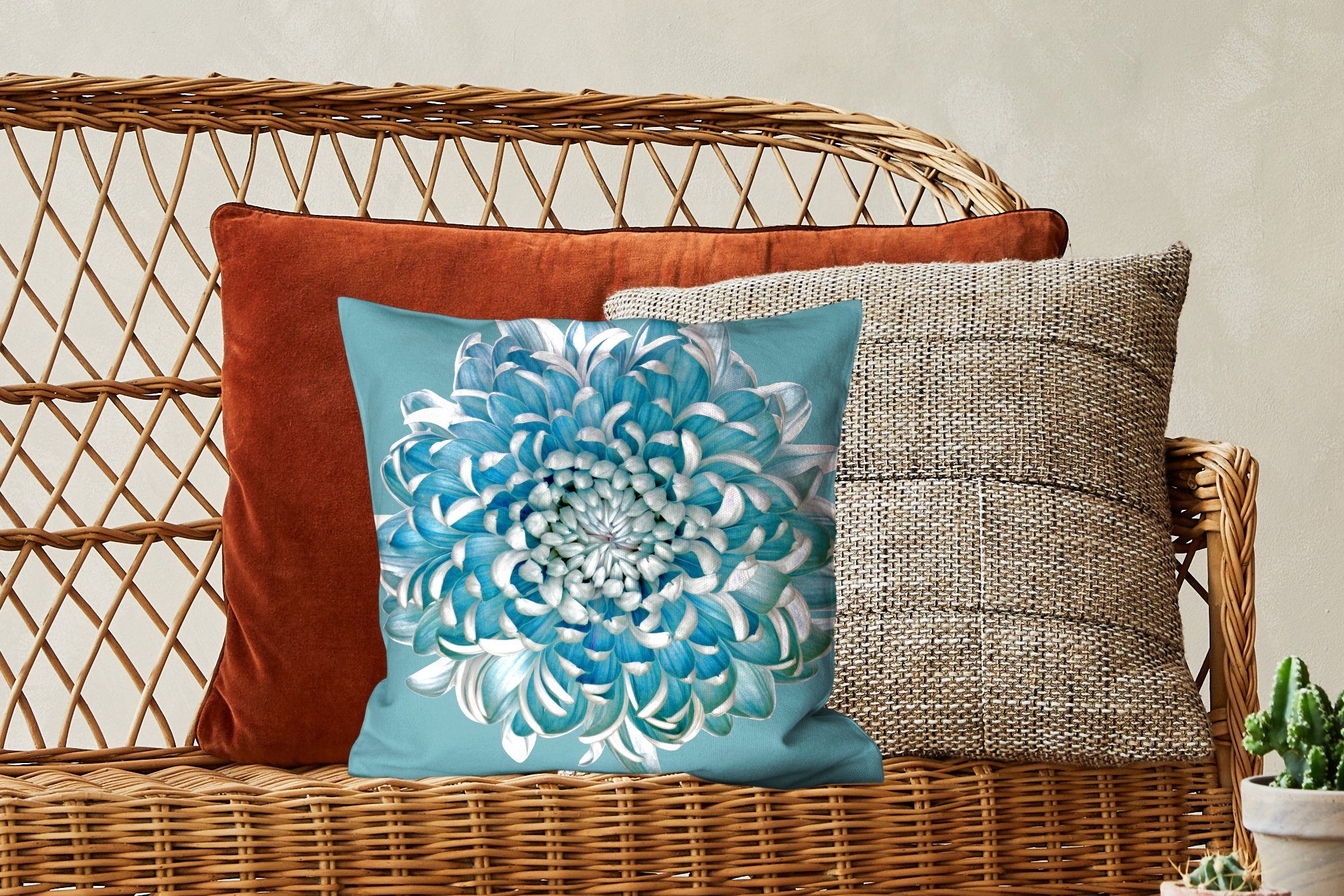 Zierkissen Blaue Deko, Wohzimmer, für Chrysantheme, Füllung MuchoWow mit Sofakissen Dekokissen Schlafzimmer,