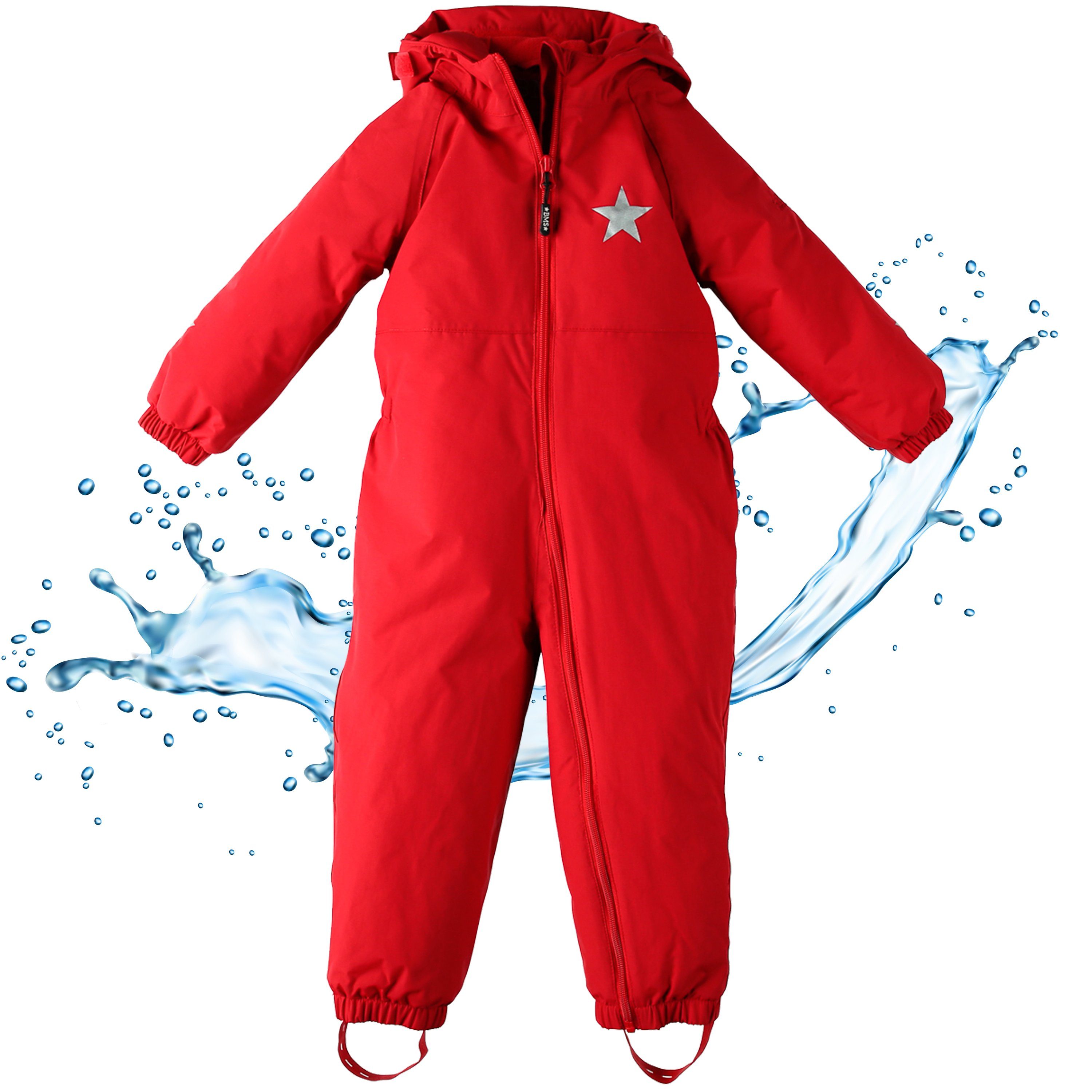 BMS Regenoverall Regenanzug für Kinder 100% wasserdicht & atmungsaktiv - PFC frei im praktischen Design rot | Regenanzüge