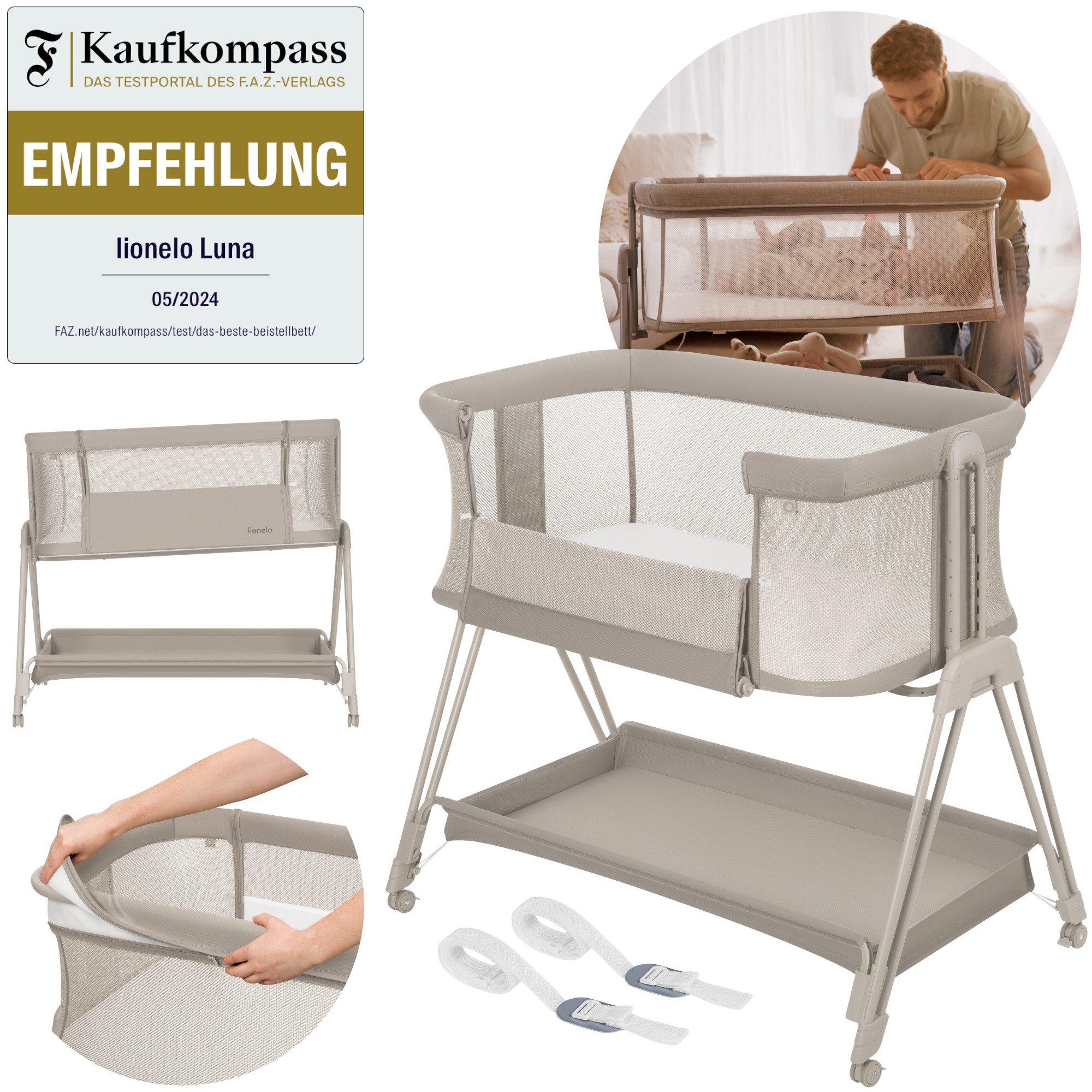 lionelo Baby-Reisebett LUNA, 2in14 Rädern mit Bremse6-stufige Höhenverstellung