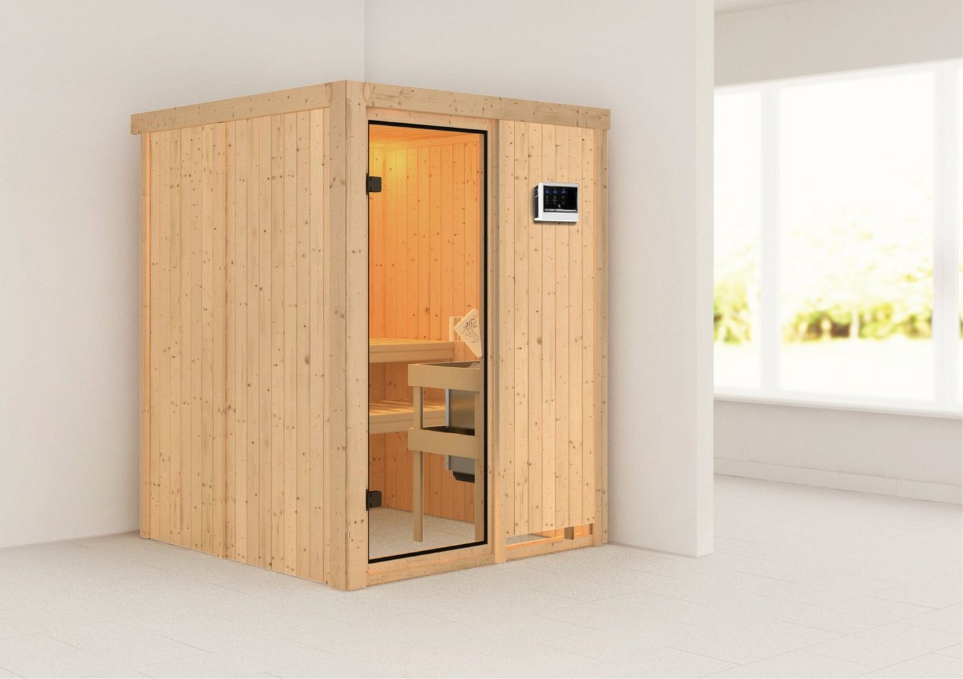Thumbnail - Karibu Sauna Milaja, BxTxH: 151 x 151 x 198 cm, 68 mm, (Set) 3,6-kW-Plug & Play Ofen mit externer Steuerung