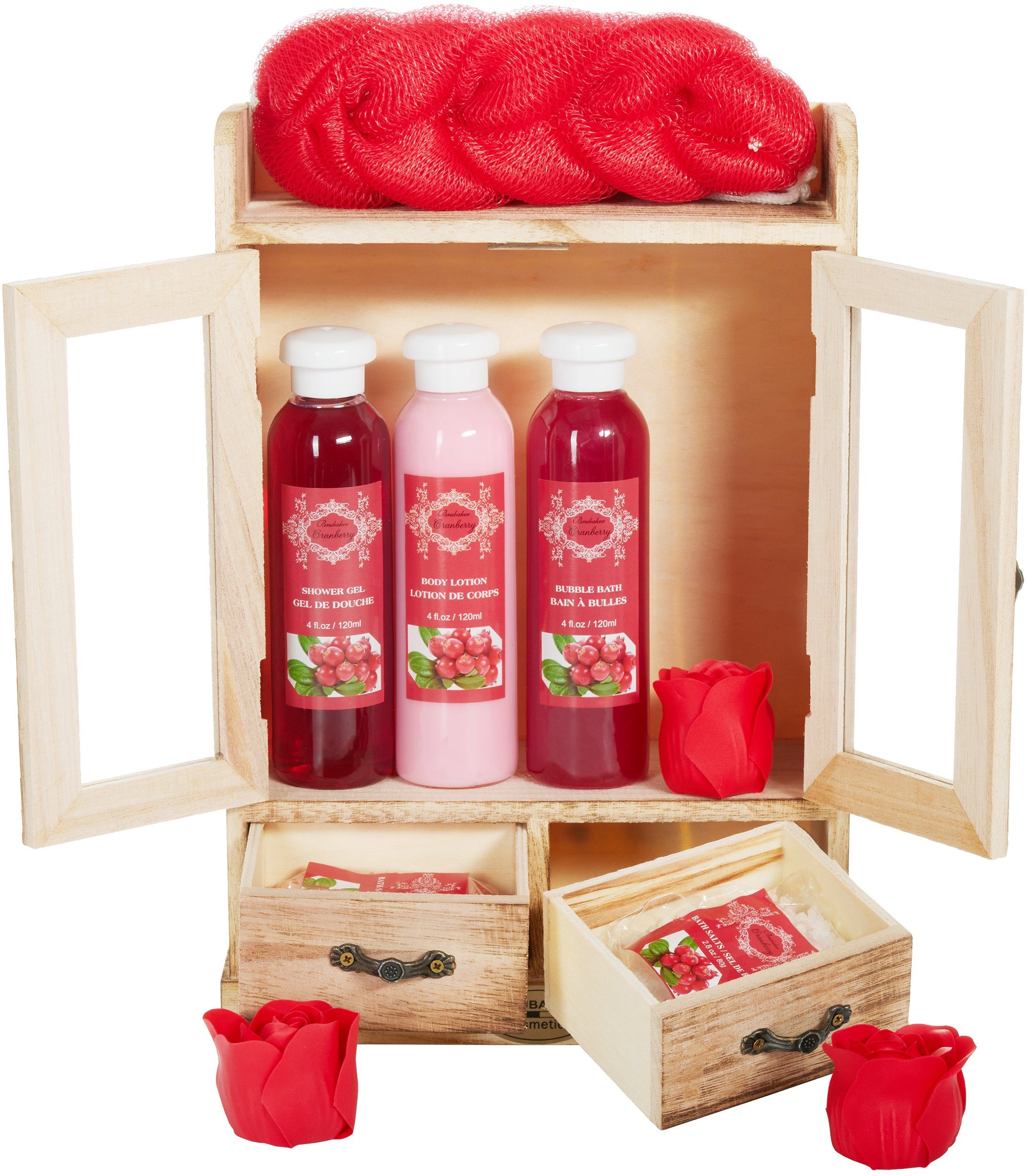 im 10-tlg., pflegend BRUBAKER und Hautreinigungs-Set Geschenkset Cranberry Beauty Frauen Dusch und Pflegeset reinigend mit Set, Bade- Duft, Wellness für Vintage-Schränkchen,