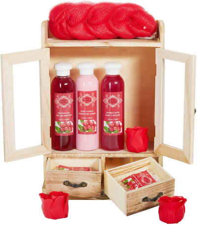 BRUBAKER Hautreinigungs-Set Bade- und Dusch Set, 10-tlg., Beauty Wellness Geschenkset für Frauen im Vintage-Schränkchen, Pflegeset mit Cranberry Duft, reinigend und pflegend