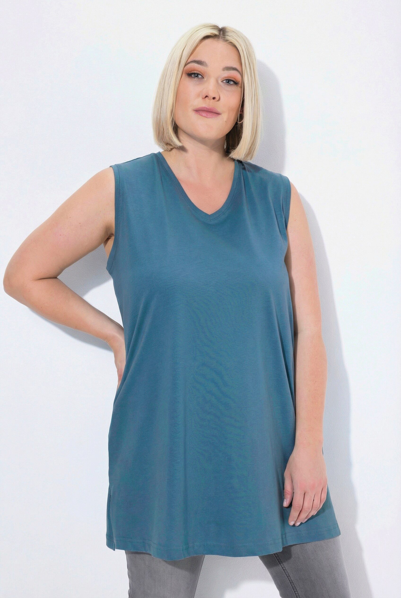 Ulla Popken Longtop Top V-Ausschnitt Relaxed ärmellos Baumwolle