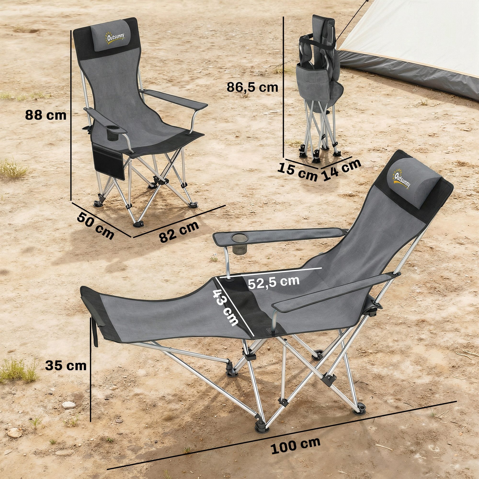 Outsunny Klappstuhl Angelstuhl mit abnehmbare Fußablage, Getränkehalter Liegestuhl (Campingstuhl, 2 St), belastbar 120 kg