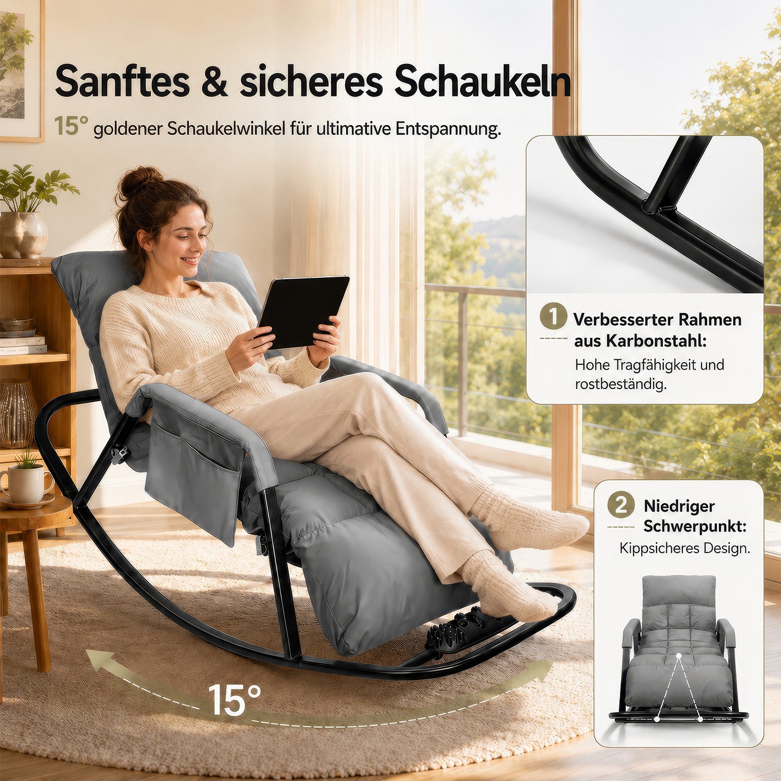 BlingBin Schaukelstuhl Liegestuhl 5-fach verstellbar bis 180° Neigung Mit Massagefußstütze (1er Set, 1 St), hoher Rückenlehne als Lesesessel für Wohnzimmer und Schlafzimmer