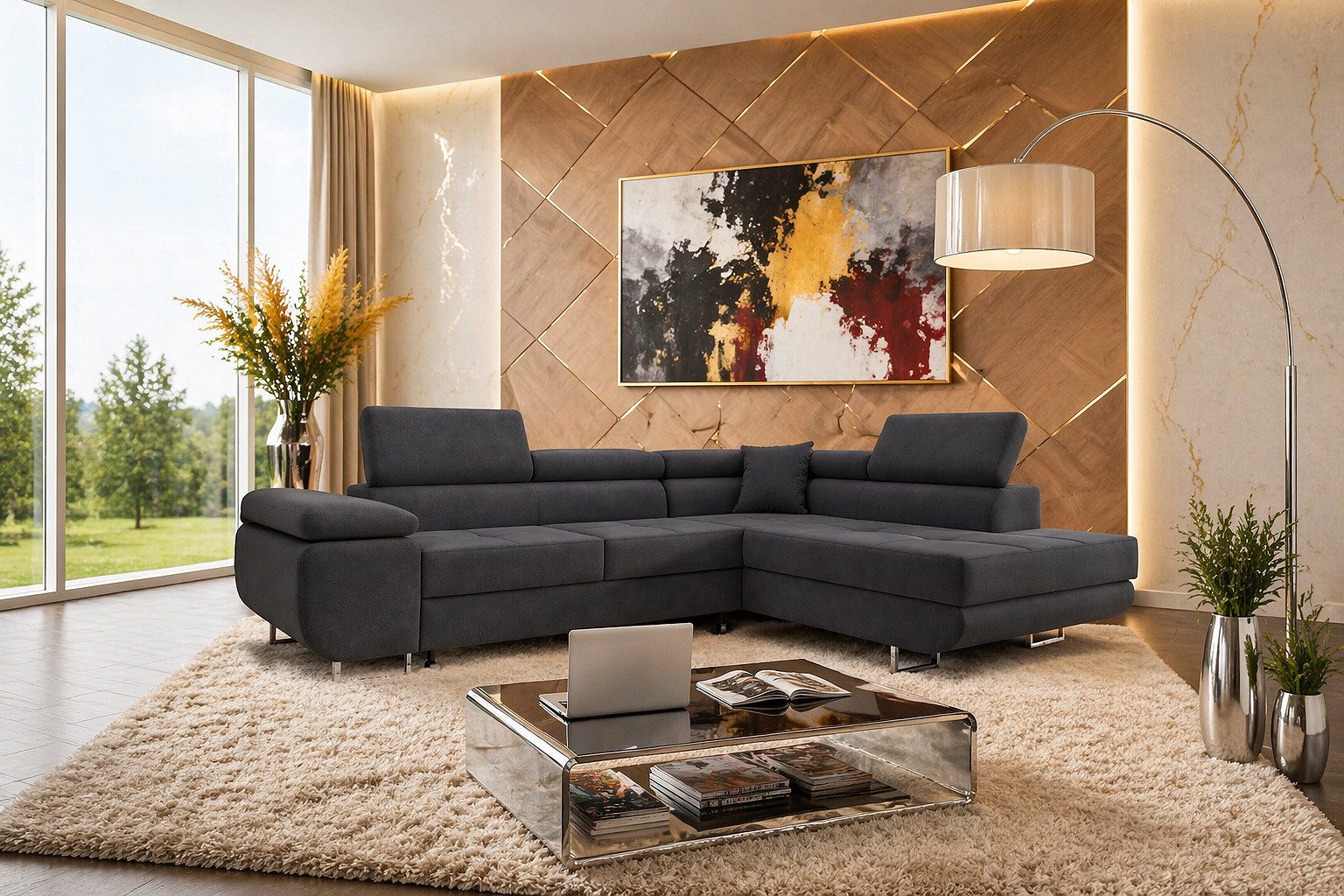 M-Punkt24 Ecksofa DUBAI, Samtstoff, Ottomane rechts oder links, Kopfteilverstellung, Bettkasten