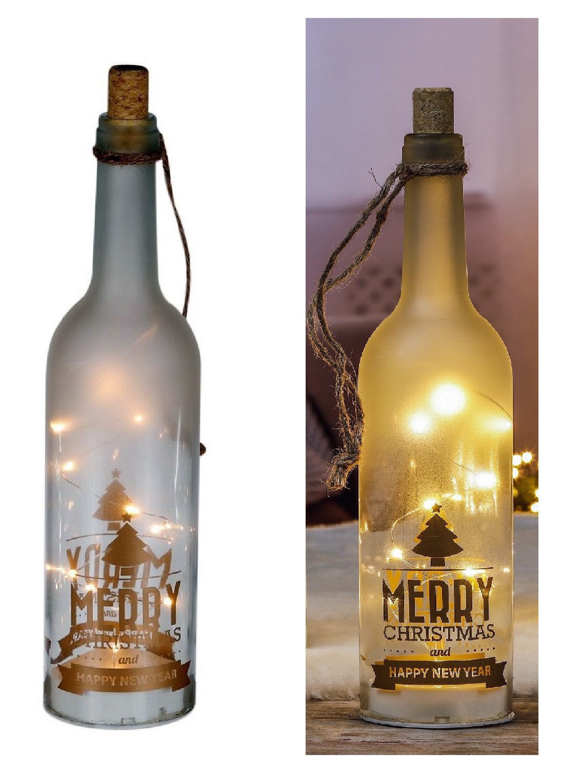 HI LED-Lichterkette Weihnachtsmotive LED Flaschenlichter mit Band zum Aufhängen HAPPY NEW