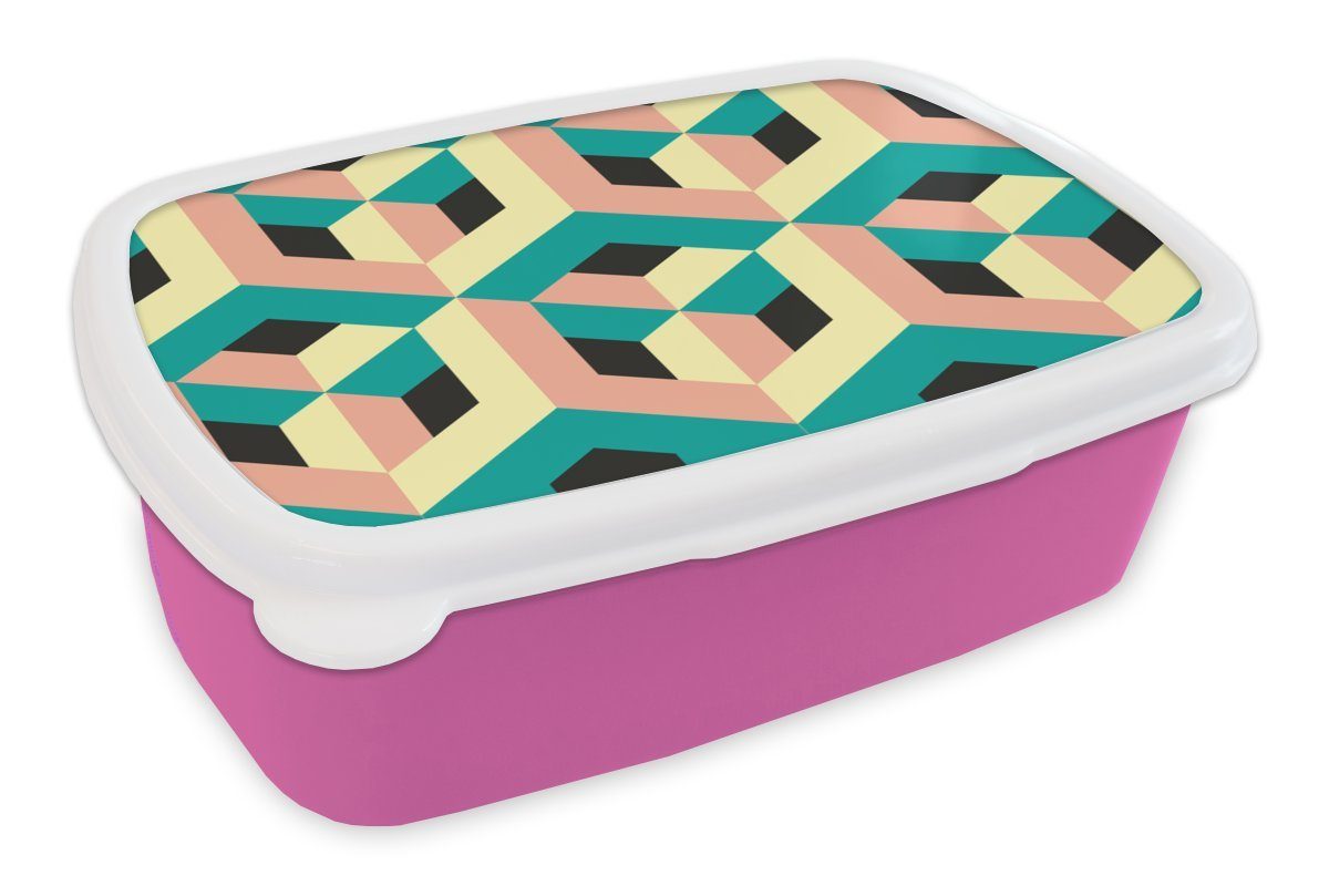 MuchoWow Lunchbox 3D - Muster - Würfel, Kunststoff, (2-tlg), Brotbox für Erwachsene, Brotdose Kinder, Snackbox, Mädchen, Kunststoff rosa