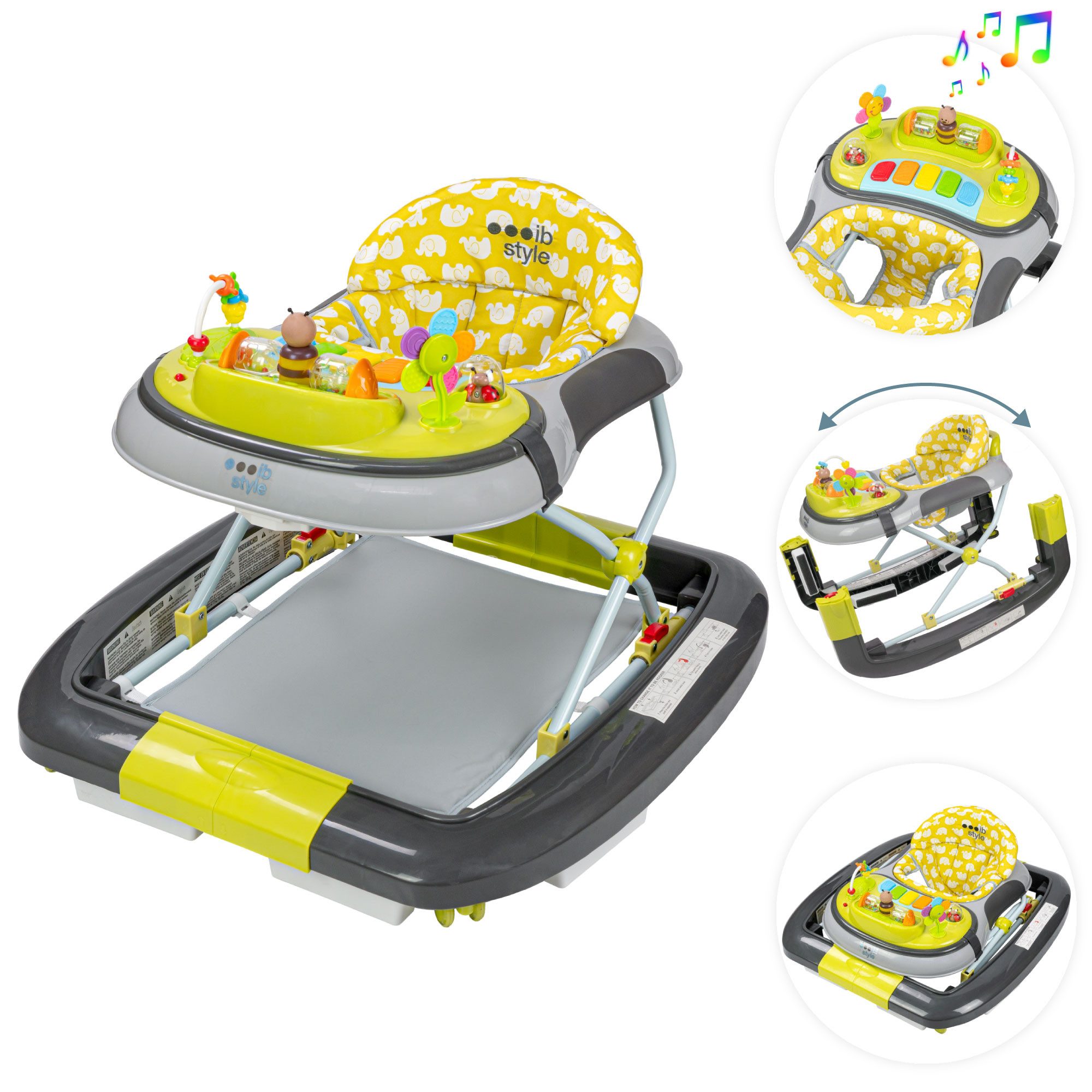 ib style Lauflernhilfe Little World Babywalker Lemon Grey, Lauflernwagen mit Schaukelfunktion & elektronischem Spielelement