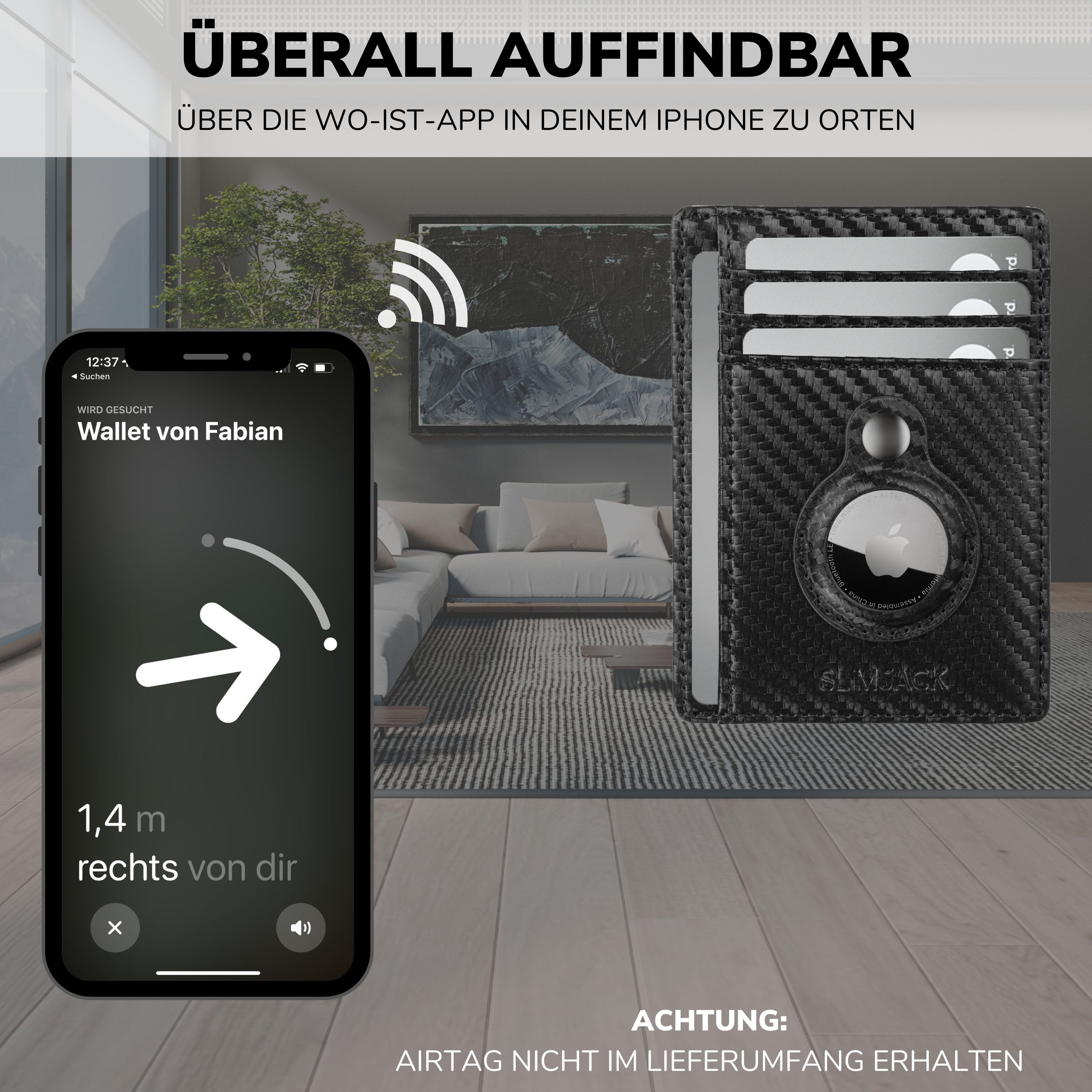 SLIMJACK Mini Geldbörse Apple AirTag Wallet - Herren - echt Leder - RFID-Schutz - Cardholder (Slim Wallet), - Kleiner Geldbeutel - Portemonnaie - Kartenhalter - Kreditkartenetui