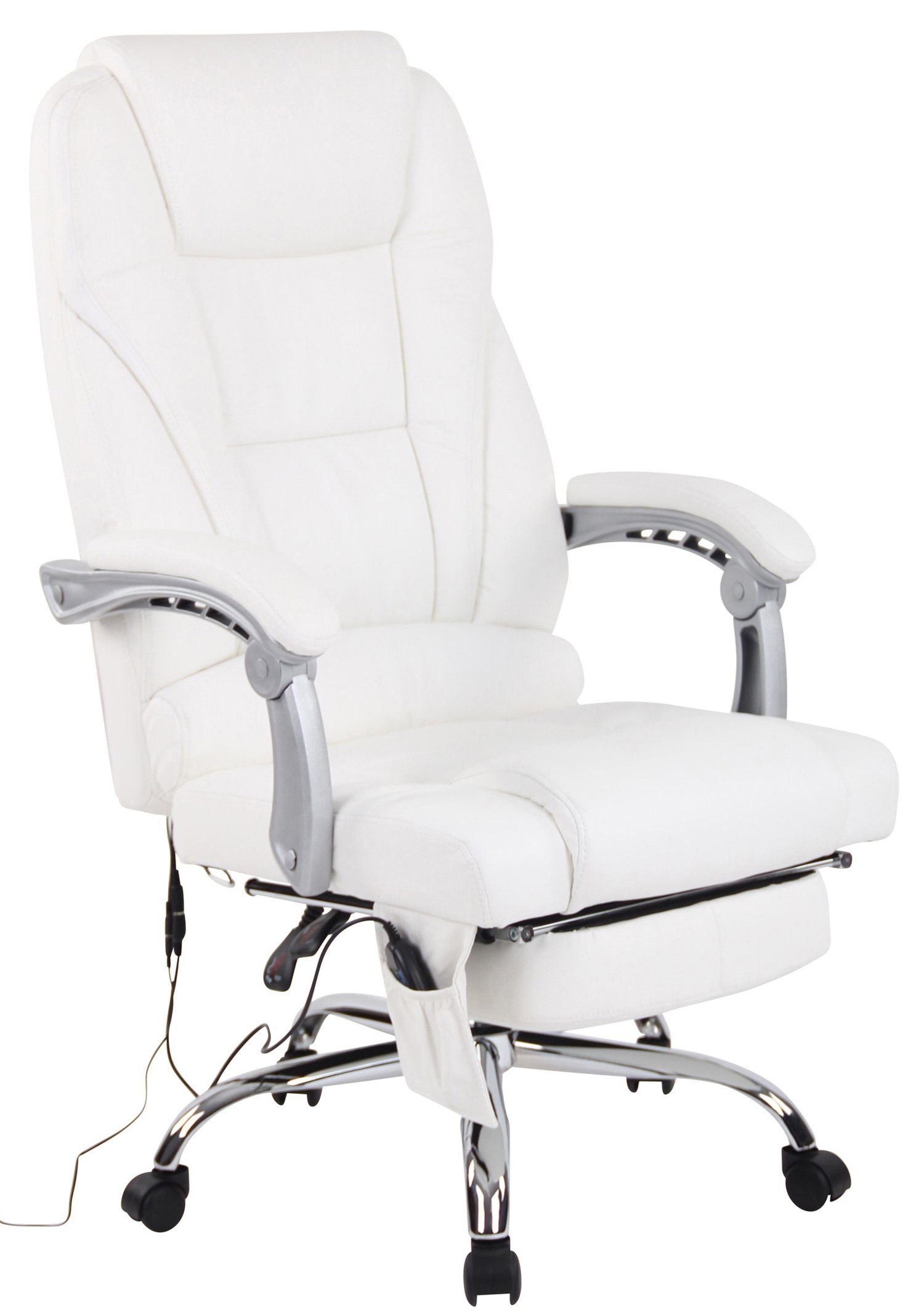 und Sitzfläche: Echtleder höhenverstellbar weiß Bürostuhl Gestell: Drehstuhl, Bürostuhl - Metall mit TPFLiving Chefsessel, (Schreibtischstuhl, chrom drehbar 360° Massagefunktion XXL), Pacira -