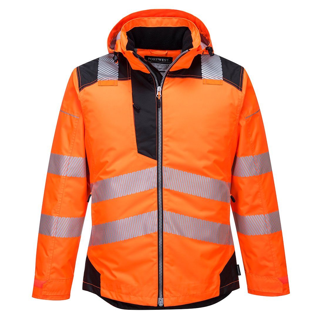 Portwest Arbeitsjacke T400 - PW3 Warnschutz-Regenjacke mit Kapuze Orange / Schwarz