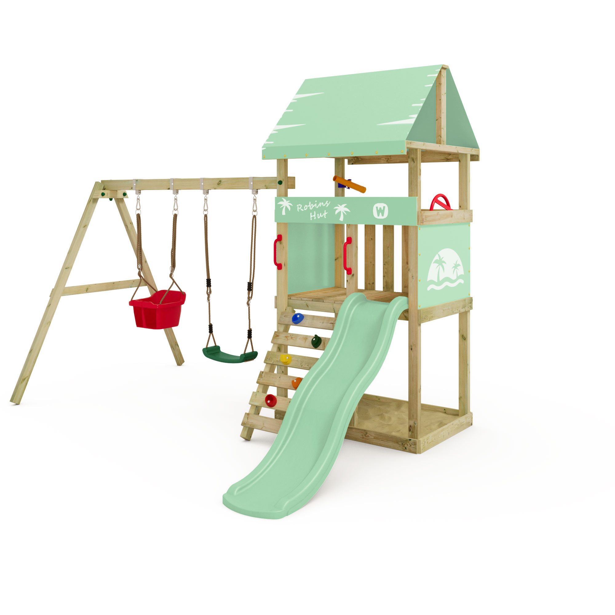 Wickey Klettergerüst DinkyHouse Spieltur mit Schaukelanbau, Sandkasten und Kreidetafel, (Garten-Spielhaus mit überdachter Plattform, Sandkasten & Rutsche, Robuster Kletterturm für Kinder mit flexiblen Anbauteilen), Unvergessliche Erlebnisse für Kinder mit 10 Jahren Garantie*