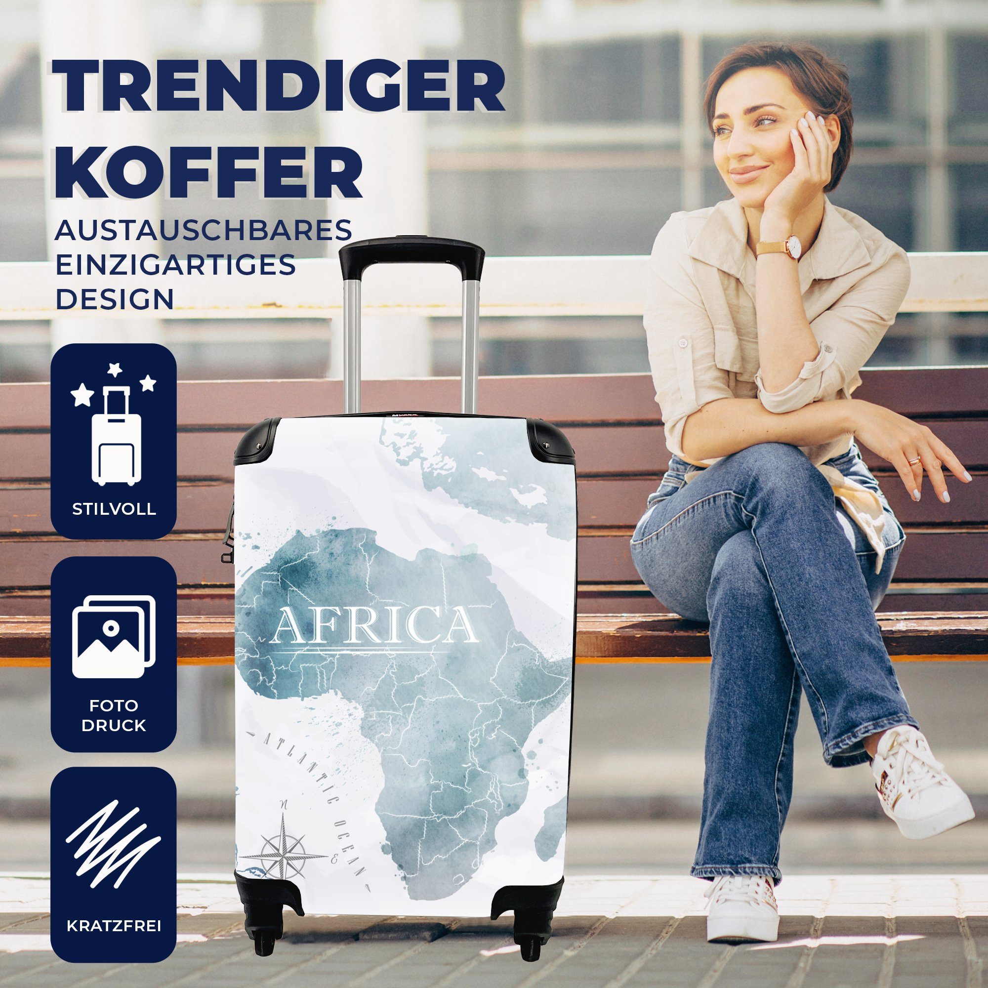 Weltkarte mit - Blau, Handgepäck - Reisekoffer Reisetasche für MuchoWow Handgepäckkoffer Trolley, rollen, Ferien, Rollen, 4 Afrika