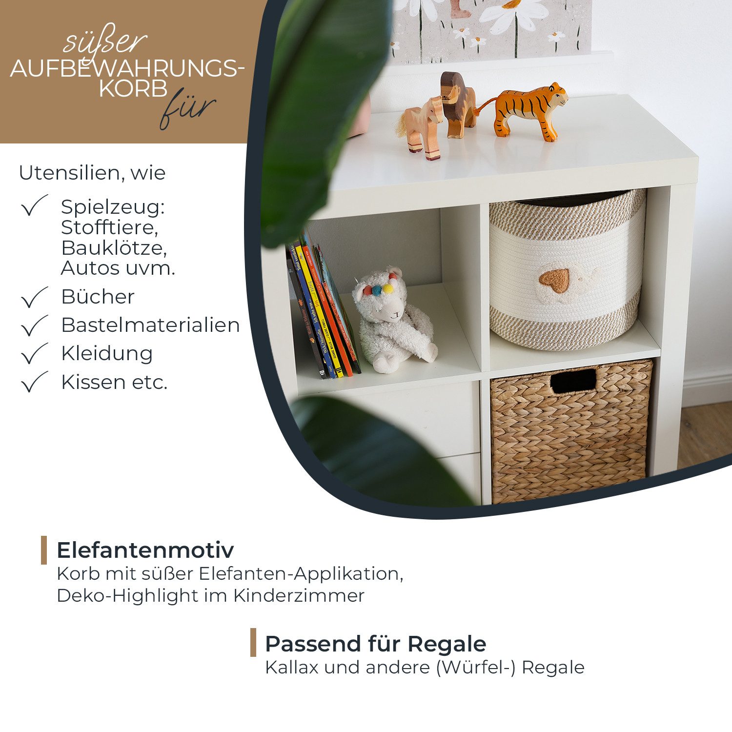 HMF Aufbewahrungskorb Aufbewahrungskorb mit verstärkten, verlängerten Griffen (1 St), Korb für Kinderzimmer aus Baumwolle, Elefantenmotiv, 30,5 x 30,5 cm