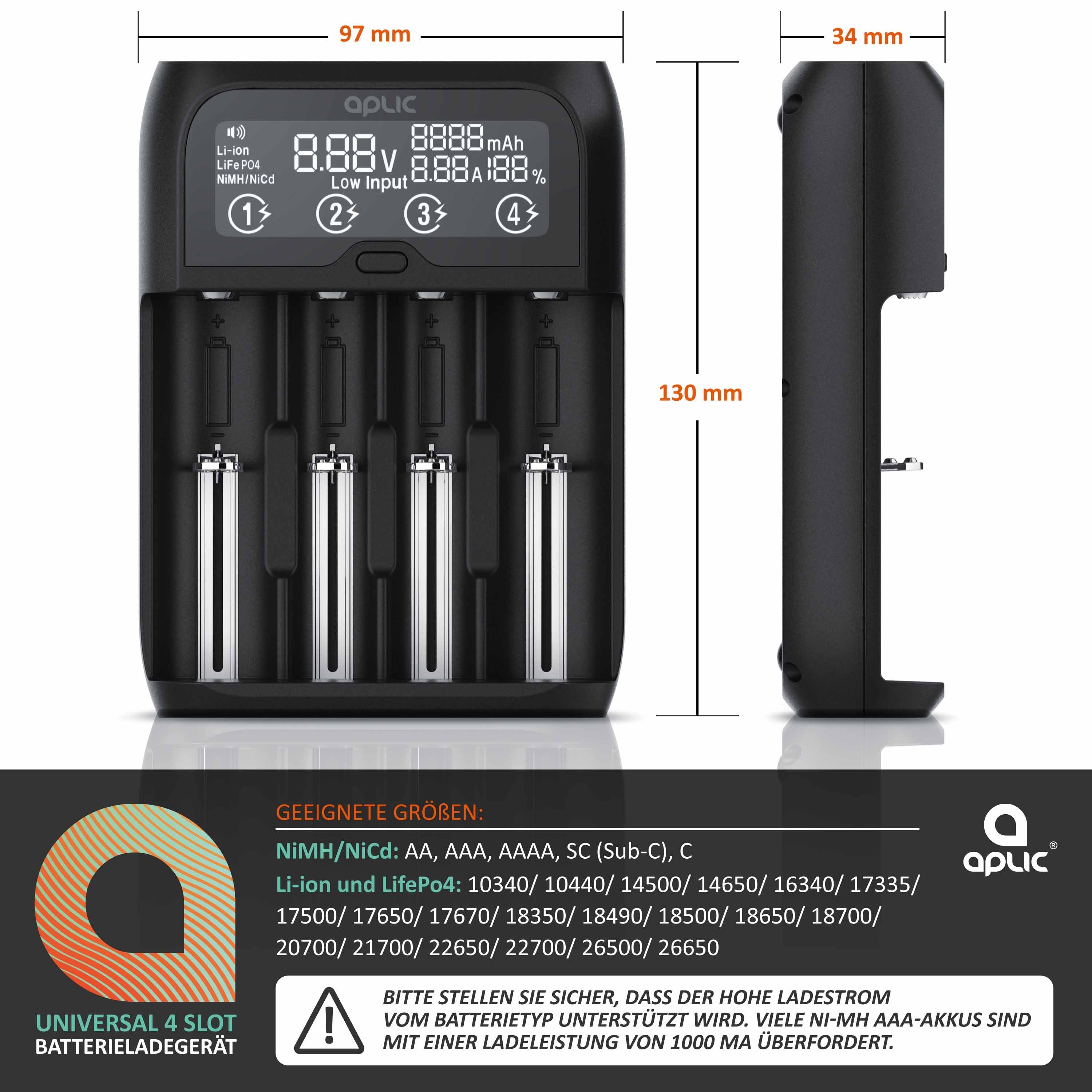 Aplic Universal Akku Ladegerät, Batterieladegerät für 18650 AA AAA, Display Batterie-Ladegerät (2000 mA, Intelligent Battery Charger für Li-ion, Ni-MH, Ni-Cd, LiFePo4 Akkus)