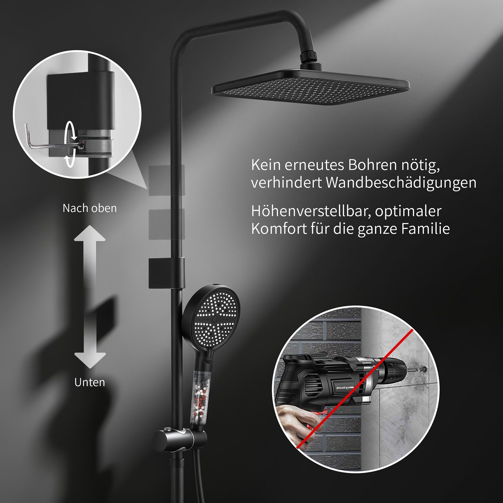 HOMELODY Duschsystem mit Badewannenarmatur, 30×20 cm Regendusche, 6-Strahl-Handbrause, SUS304 Edelstahl, höhenverstellbar, Filter-Handbrause, Schwarz – Bild 4 von 5