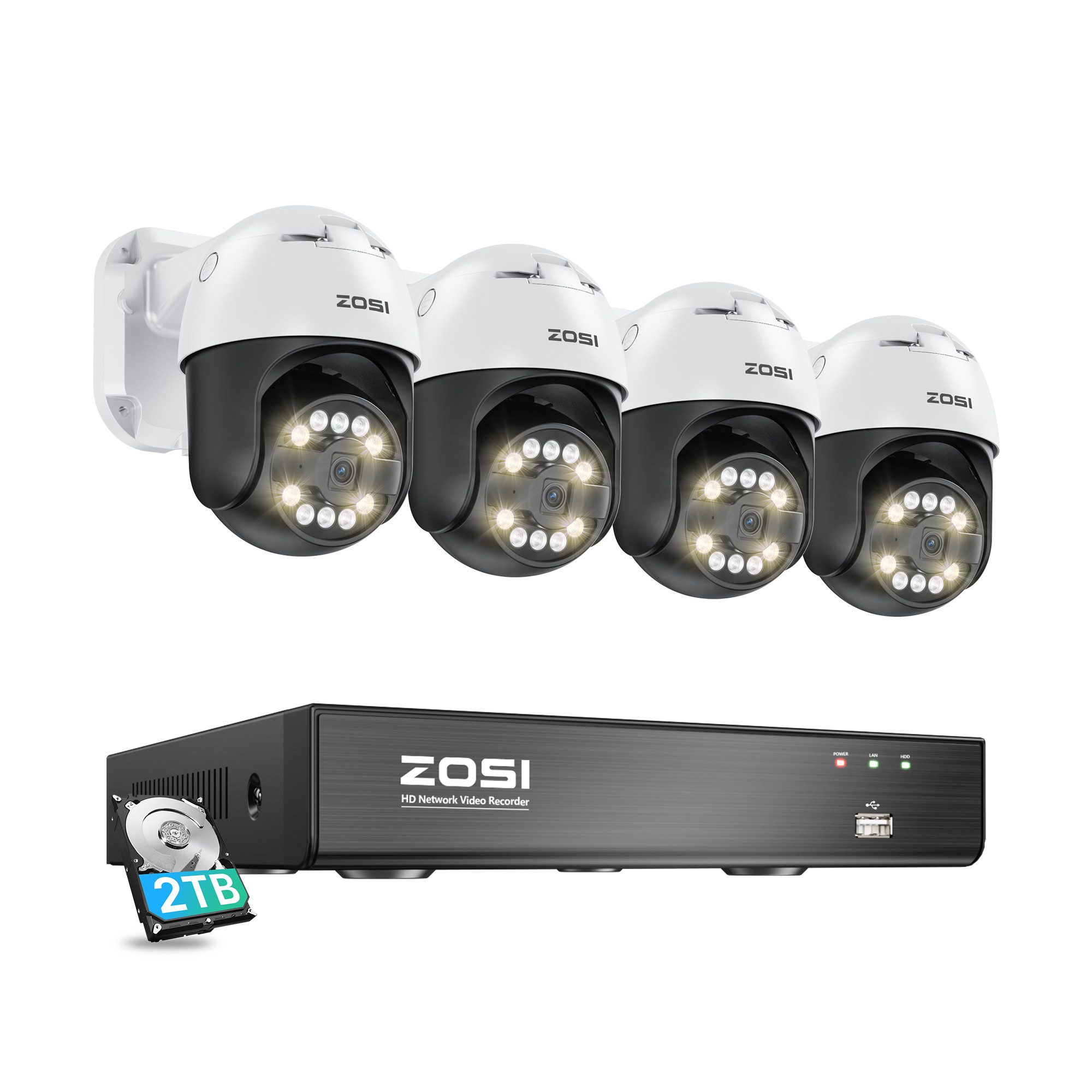 ZOSI C296, IP66 wasserdicht, 2880*1620, Zwei-Wege-Audio Überwachungskamera (Innenbereich, Außenbereich, 4-tlg., Intelligente Gesichts-/Personen-/Fahrzeugerkennung, 355° Schwenken)