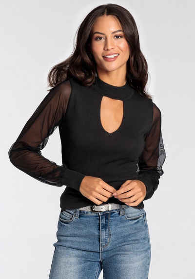Melrose V-Ausschnitt-Pullover mit femininen Mesh-Ärmeln - NEUE KOLLEKTION