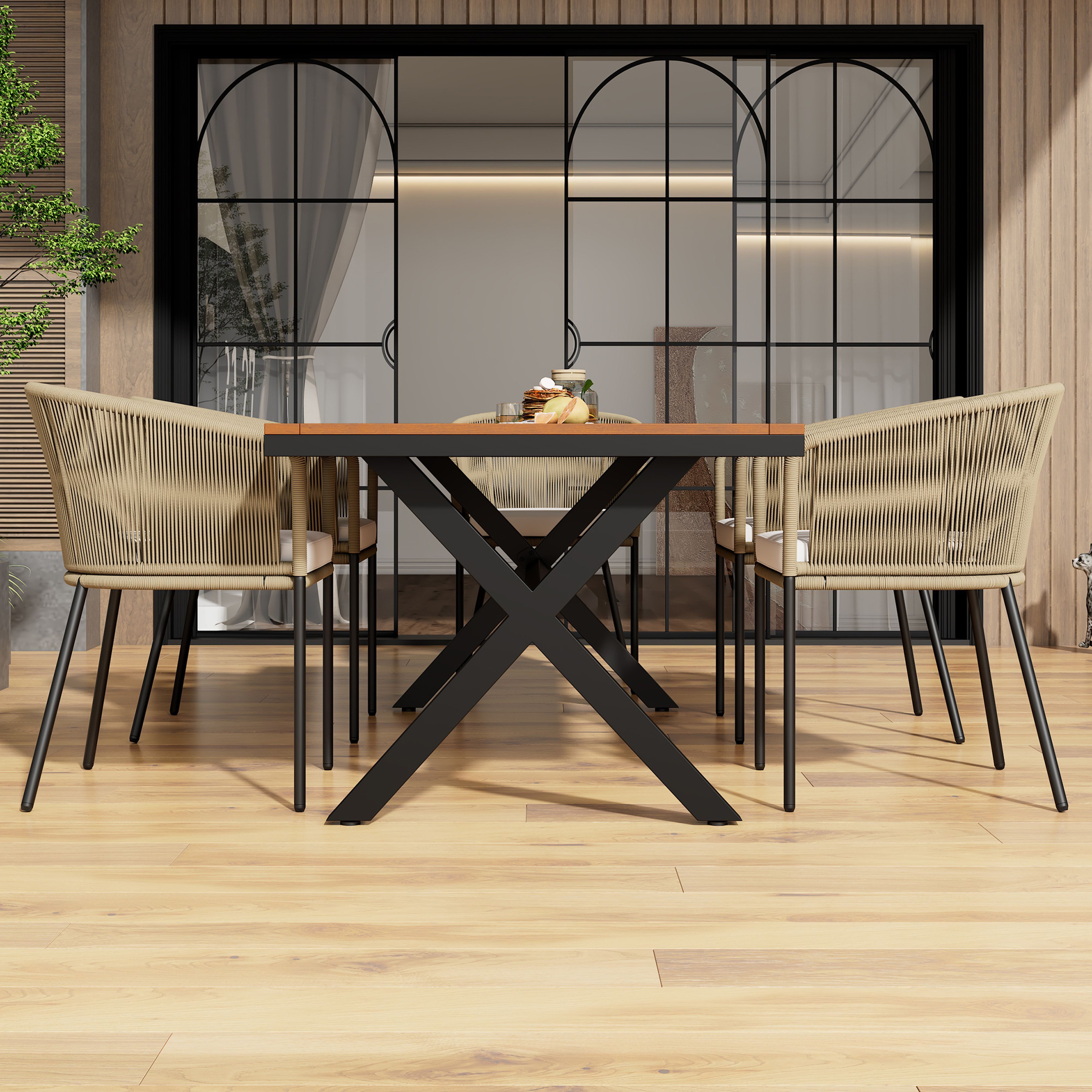 BlingBin Gartenlounge-Set Garten-Essgruppe, Garten-Lounge-Set aus Seil, für 6 Personen, (6 Sessel und 1 Tisch, Tisch aus Akazienholz, 7-tlg., Tragendes Gewicht: 160kg/Einzelplatz, 80kg/Tisch, Beige), Mit Fußpolstern und Sechs Sitzkissen, Abnehmbar und Waschbar, Beige