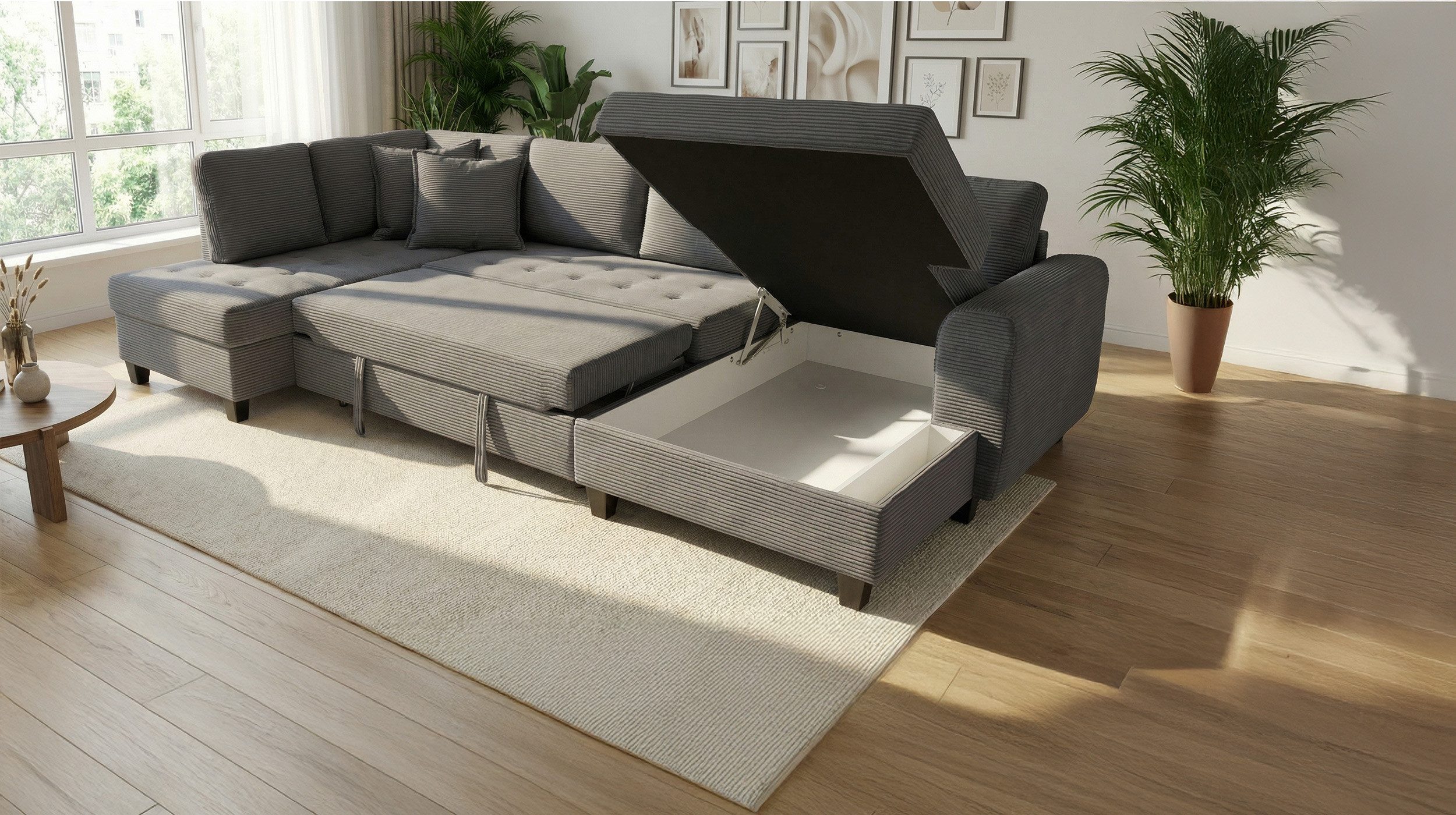 Massivart® Wohnlandschaft Cord grau 324 cm / Schlaffunktion & Bettfunktion / MANDALIA, Nosagunterfederung · frei im Raum stellbar · inkl. 8 Kissen – Bild 4 von 5